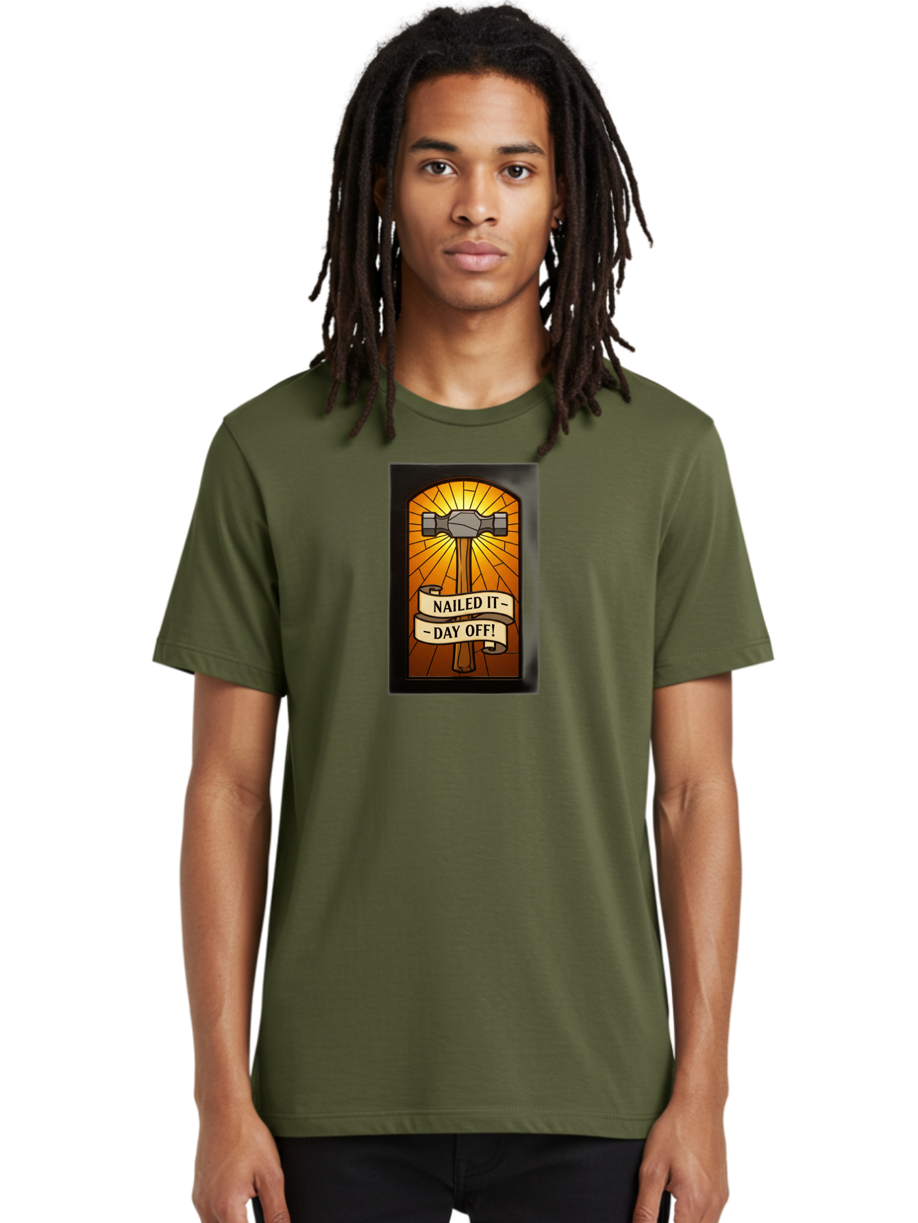 Nailed-It-Day-Off Men'S Graphic Tee, 100% Cotton, Comfortable Casual Summer Wear, Machine Washable, Hammer And Nail Illustration, Stained Glass Art, Day Off Celebration, Nailed It Humor, Diy Project, Weekend Vibes, Relaxation Mode, Bad353