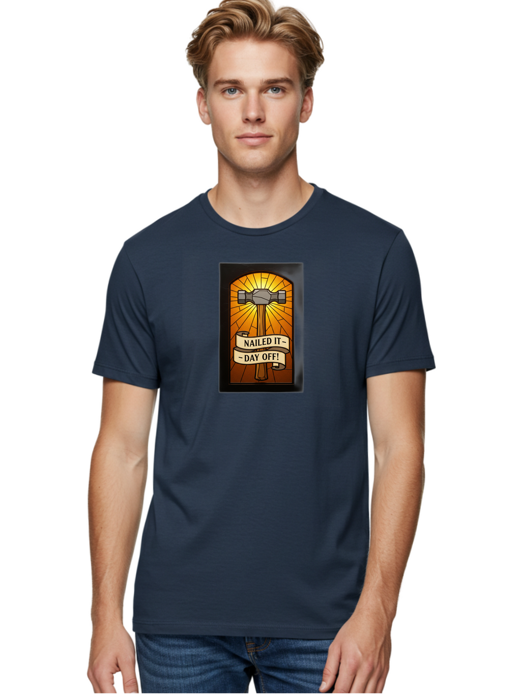 Nailed-It-Day-Off Men'S Graphic Tee, 100% Cotton, Comfortable Casual Summer Wear, Machine Washable, Hammer And Nail Illustration, Stained Glass Art, Day Off Celebration, Nailed It Humor, Diy Project, Weekend Vibes, Relaxation Mode, Bad353