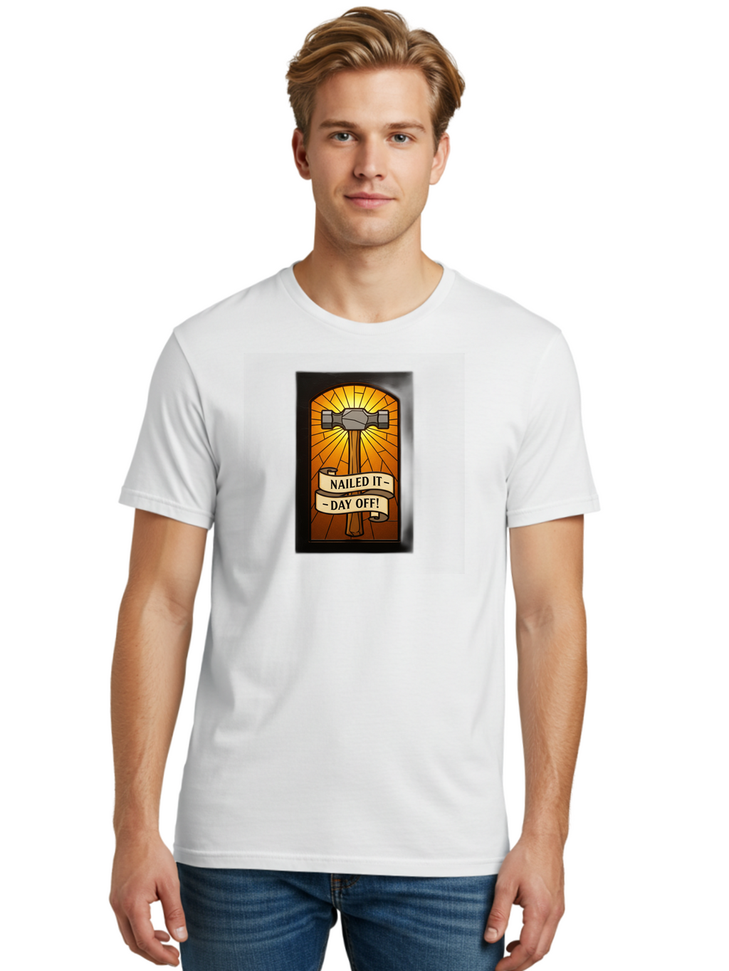 Nailed-It-Day-Off Men'S Graphic Tee, 100% Cotton, Comfortable Casual Summer Wear, Machine Washable, Hammer And Nail Illustration, Stained Glass Art, Day Off Celebration, Nailed It Humor, Diy Project, Weekend Vibes, Relaxation Mode, Bad353