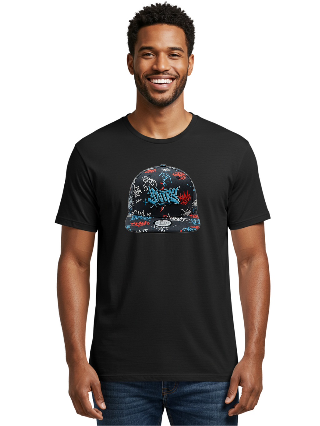 Natre-Baseball-Cap Men'S Graphic Tee, 100% Cotton, Comfortable Casual Summer Wear, Machine Washable, Graffiti Hat, Streetwear Fashion, Urban Style, Custom Hat, Baseball Cap, New Era 59Fifty, Natre Logo, Blue Red White Graffiti, Bad355