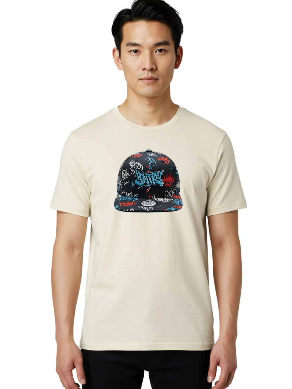 Natre-Baseball-Cap Men'S Graphic Tee, 100% Cotton, Comfortable Casual Summer Wear, Machine Washable, Graffiti Hat, Streetwear Fashion, Urban Style, Custom Hat, Baseball Cap, New Era 59Fifty, Natre Logo, Blue Red White Graffiti, Bad355