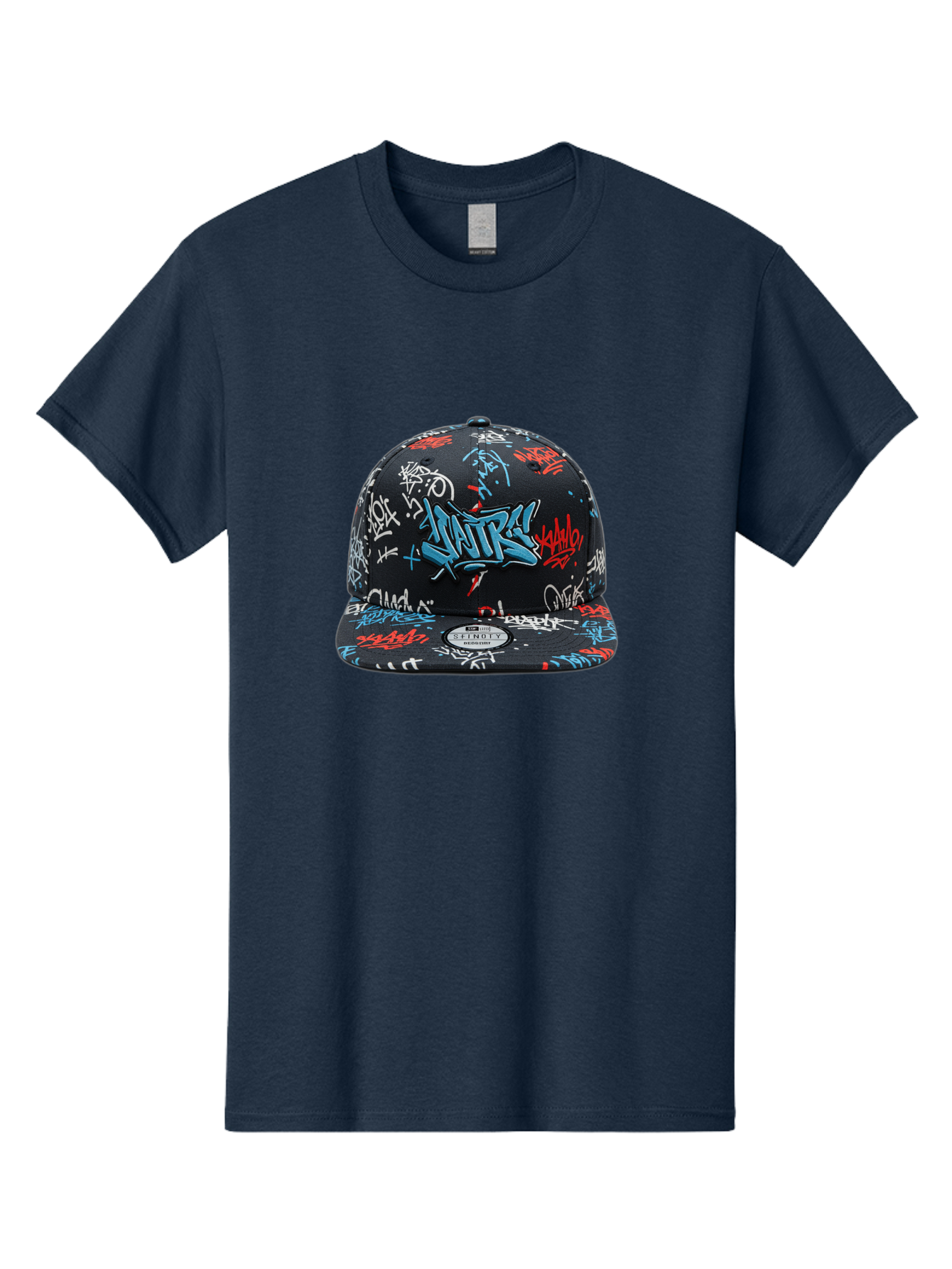 Natre-Baseball-Cap Men'S Graphic Tee, 100% Cotton, Comfortable Casual Summer Wear, Machine Washable, Graffiti Hat, Streetwear Fashion, Urban Style, Custom Hat, Baseball Cap, New Era 59Fifty, Natre Logo, Blue Red White Graffiti, Bad355