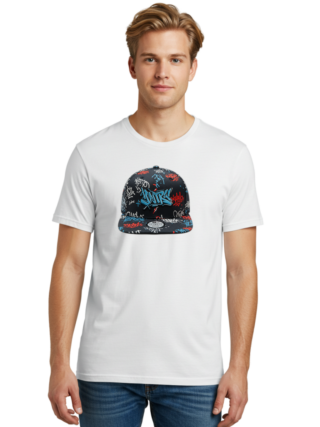 Natre-Baseball-Cap Men'S Graphic Tee, 100% Cotton, Comfortable Casual Summer Wear, Machine Washable, Graffiti Hat, Streetwear Fashion, Urban Style, Custom Hat, Baseball Cap, New Era 59Fifty, Natre Logo, Blue Red White Graffiti, Bad355
