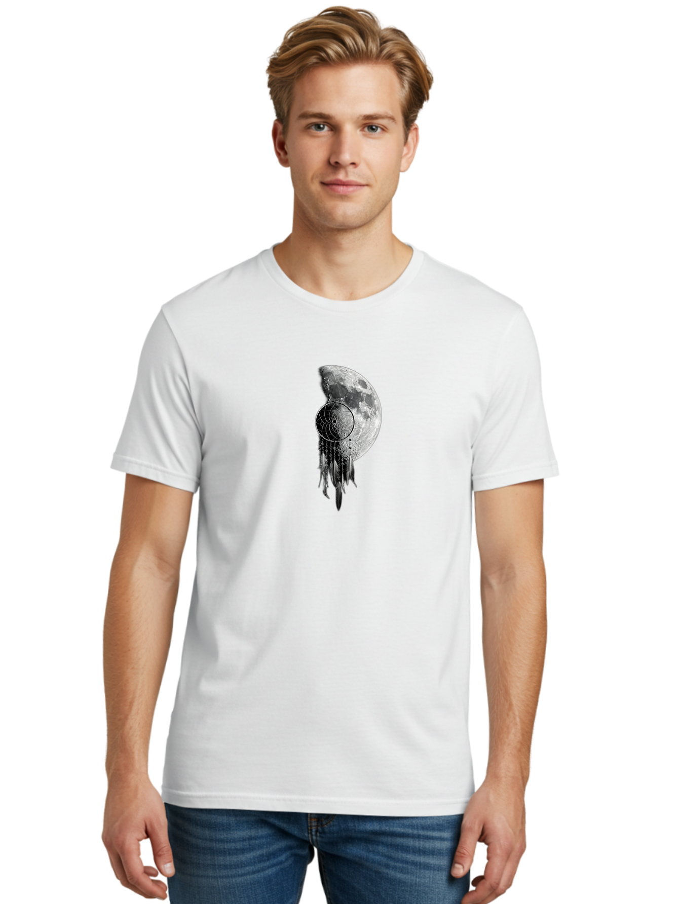 Nautilus-Moon Men'S Graphic Tee, 100% Cotton, Comfortable Casual Summer Wear, Machine Washable, Jellyfish, Moon, Lunar Cycle, Ocean Creatures, Surreal Art, Mystical Imagery, Ethereal Atmosphere, Abstract Design, Monochrome Illustration Bad356