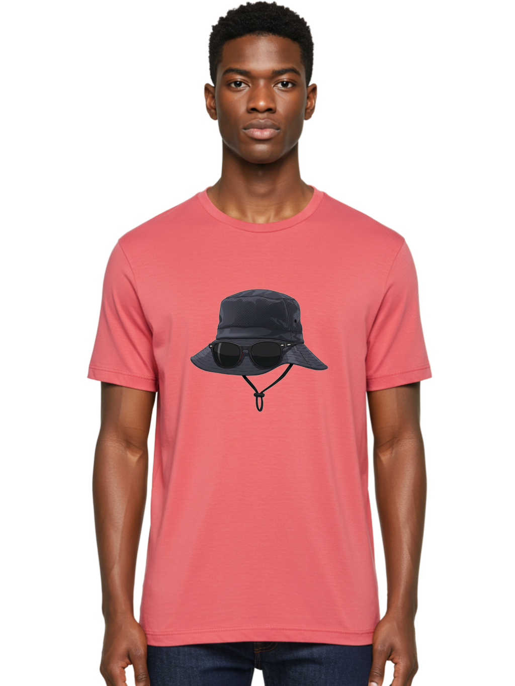 Navy-Blue-Hat-With-Sunglasses Men'S Graphic Tee, 100% Cotton, Comfortable Casual Summer Wear, Machine Washable, Bucket Hat, Black Sunglasses, Outdoor Fashion, Sun Protection, Stylish Accessories, Trendy Apparel, Travel Gear, Outdoor Enthusiast Bad357