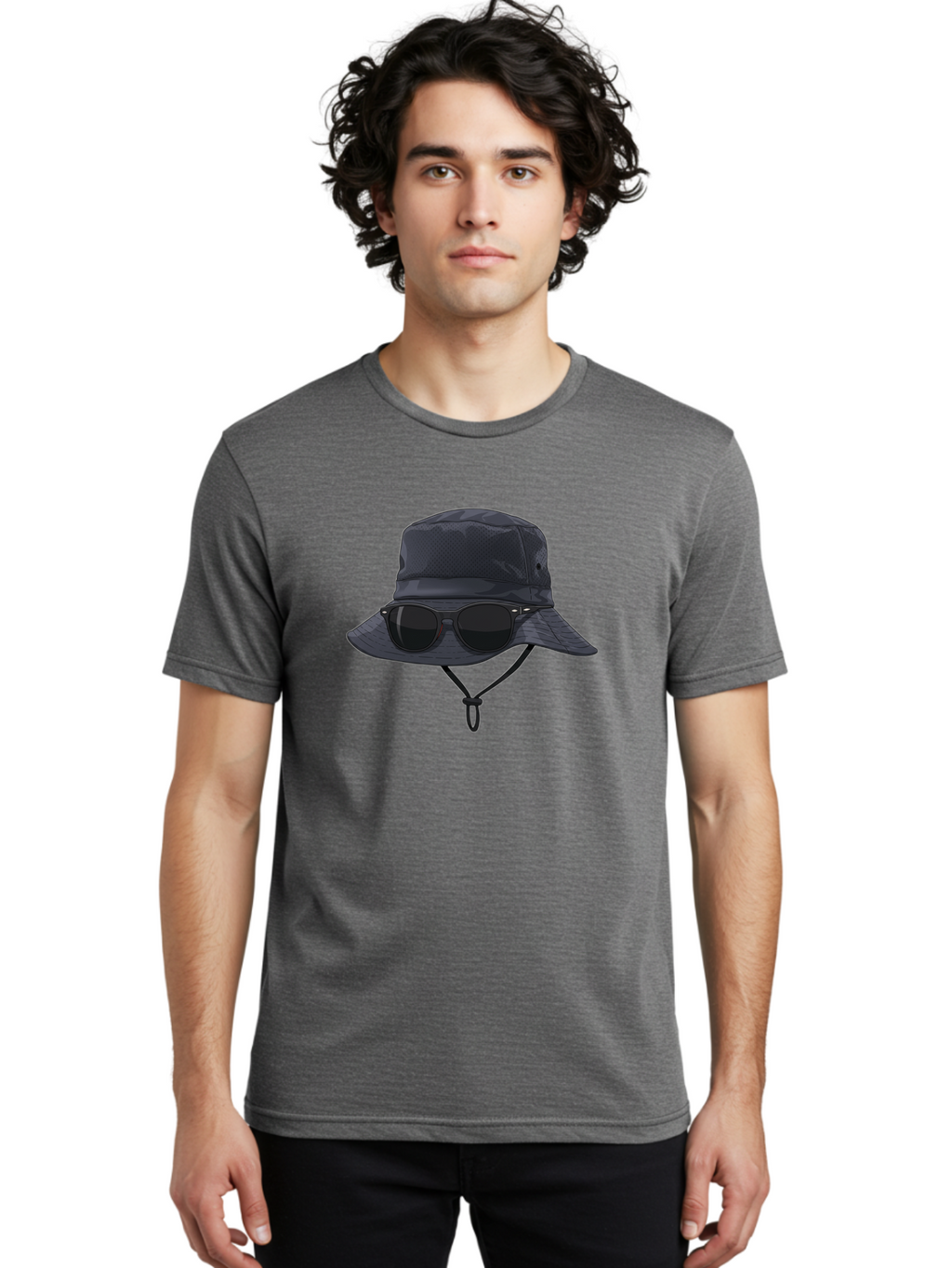 Navy-Blue-Hat-With-Sunglasses Men'S Graphic Tee, 100% Cotton, Comfortable Casual Summer Wear, Machine Washable, Bucket Hat, Black Sunglasses, Outdoor Fashion, Sun Protection, Stylish Accessories, Trendy Apparel, Travel Gear, Outdoor Enthusiast Bad357