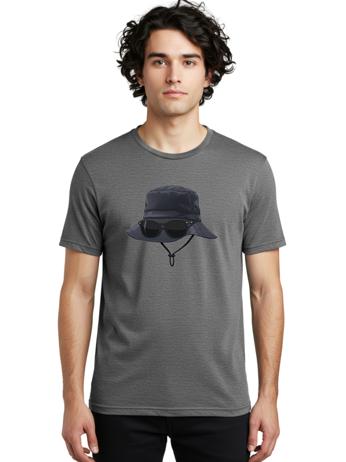 Navy-Blue-Hat-With-Sunglasses Men'S Graphic Tee, 100% Cotton, Comfortable Casual Summer Wear, Machine Washable, Bucket Hat, Black Sunglasses, Outdoor Fashion, Sun Protection, Stylish Accessories, Trendy Apparel, Travel Gear, Outdoor Enthusiast Bad357