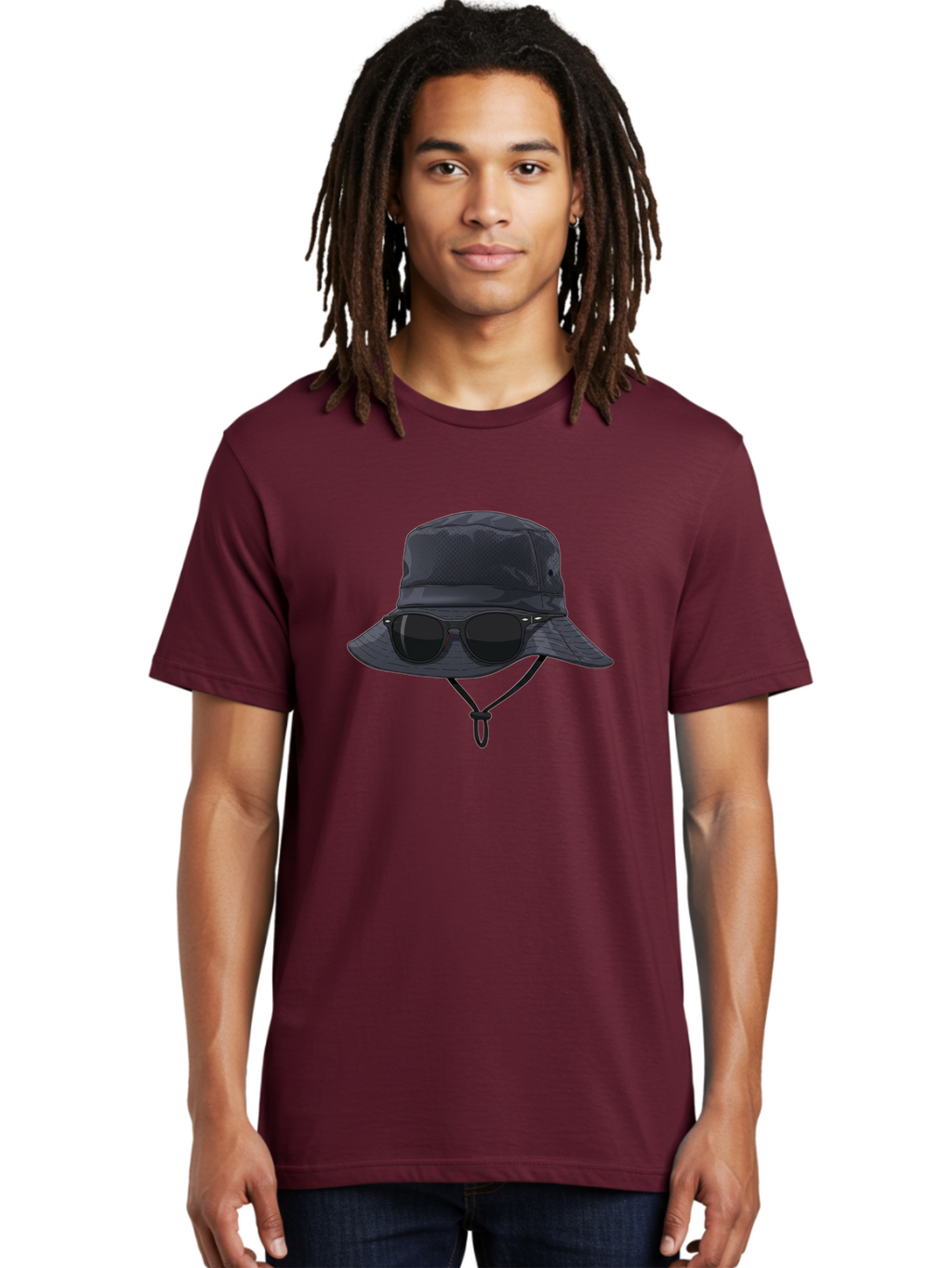 Navy-Blue-Hat-With-Sunglasses Men'S Graphic Tee, 100% Cotton, Comfortable Casual Summer Wear, Machine Washable, Bucket Hat, Black Sunglasses, Outdoor Fashion, Sun Protection, Stylish Accessories, Trendy Apparel, Travel Gear, Outdoor Enthusiast Bad357