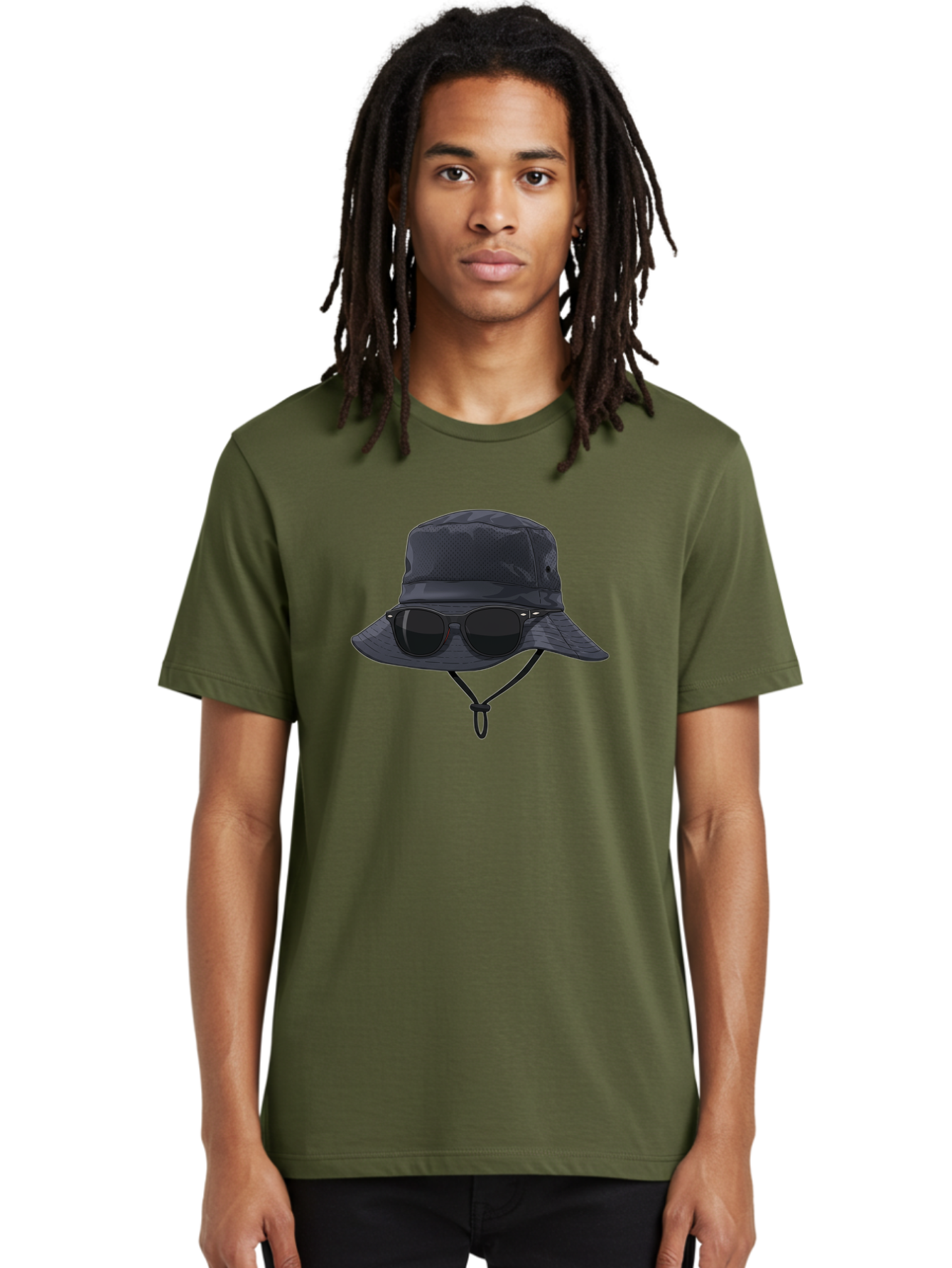 Navy-Blue-Hat-With-Sunglasses Men'S Graphic Tee, 100% Cotton, Comfortable Casual Summer Wear, Machine Washable, Bucket Hat, Black Sunglasses, Outdoor Fashion, Sun Protection, Stylish Accessories, Trendy Apparel, Travel Gear, Outdoor Enthusiast Bad357
