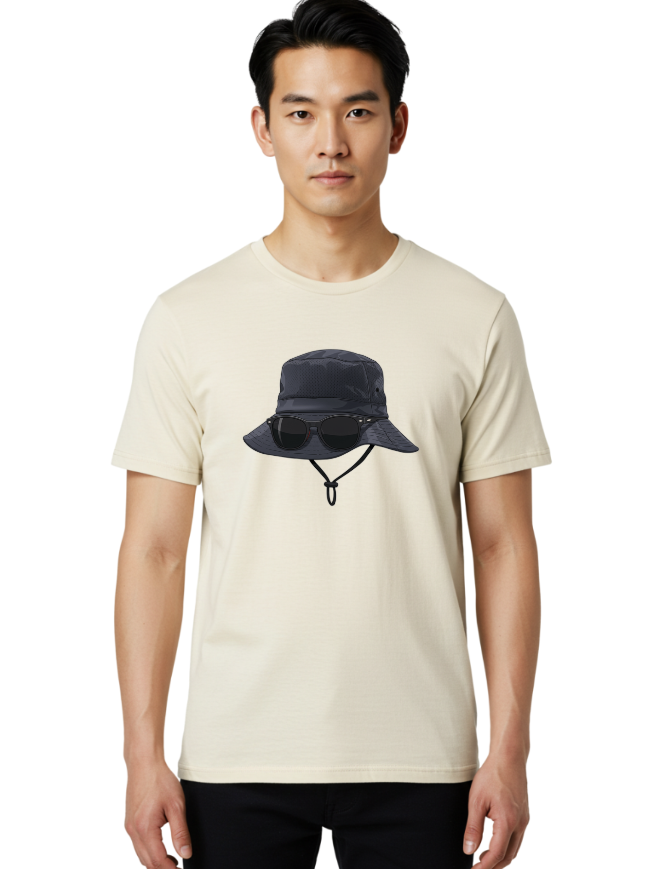 Navy-Blue-Hat-With-Sunglasses Men'S Graphic Tee, 100% Cotton, Comfortable Casual Summer Wear, Machine Washable, Bucket Hat, Black Sunglasses, Outdoor Fashion, Sun Protection, Stylish Accessories, Trendy Apparel, Travel Gear, Outdoor Enthusiast Bad357