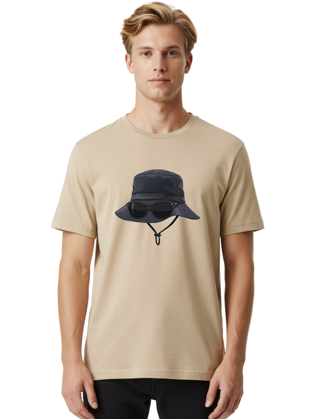 Navy-Blue-Hat-With-Sunglasses Men'S Graphic Tee, 100% Cotton, Comfortable Casual Summer Wear, Machine Washable, Bucket Hat, Black Sunglasses, Outdoor Fashion, Sun Protection, Stylish Accessories, Trendy Apparel, Travel Gear, Outdoor Enthusiast Bad357