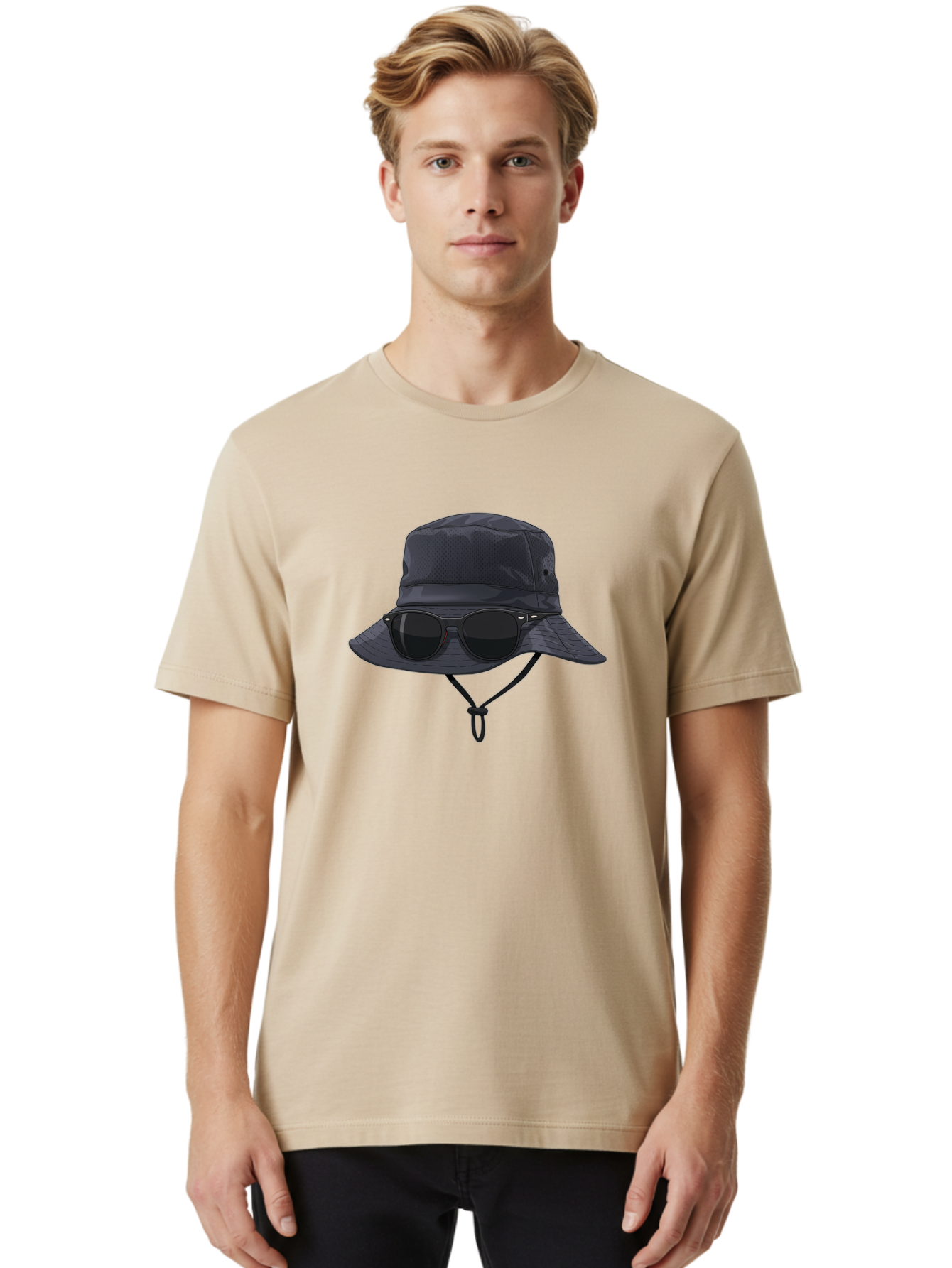 Navy-Blue-Hat-With-Sunglasses Men'S Graphic Tee, 100% Cotton, Comfortable Casual Summer Wear, Machine Washable, Bucket Hat, Black Sunglasses, Outdoor Fashion, Sun Protection, Stylish Accessories, Trendy Apparel, Travel Gear, Outdoor Enthusiast Bad357