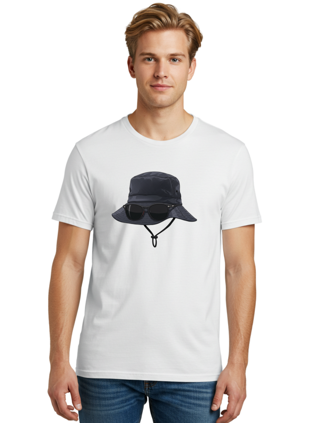 Navy-Blue-Hat-With-Sunglasses Men'S Graphic Tee, 100% Cotton, Comfortable Casual Summer Wear, Machine Washable, Bucket Hat, Black Sunglasses, Outdoor Fashion, Sun Protection, Stylish Accessories, Trendy Apparel, Travel Gear, Outdoor Enthusiast Bad357