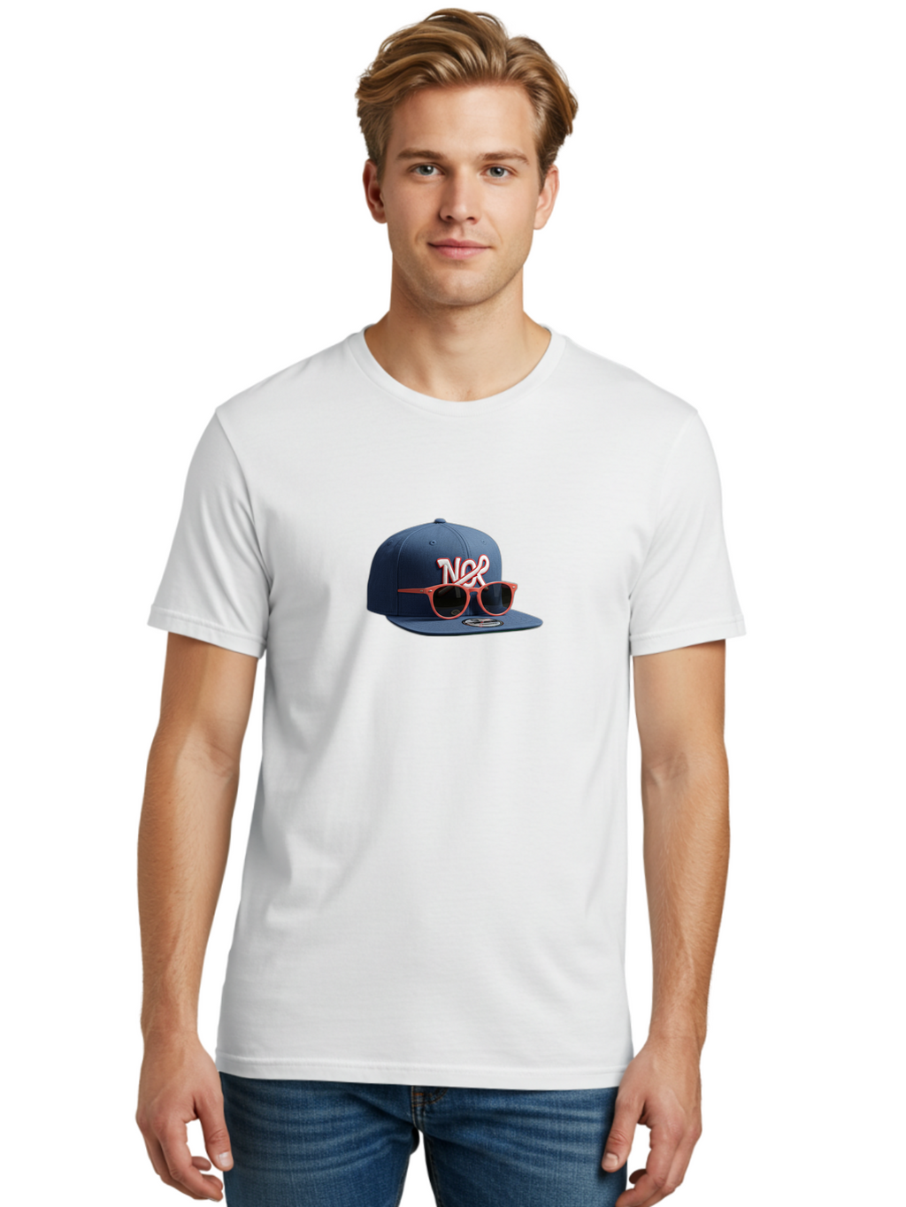 Ncr-Baseball-Cap Men'S Graphic Tee, 100% Cotton, Comfortable Casual Summer Wear, Machine Washable, Baseball Cap, Ncr Logo, Sunglasses On Hat, Red Frames, Dark Lenses, New Era Cap, Fashion Accessory, Streetwear Style, Casual Wear, Trendy Hat Bad358