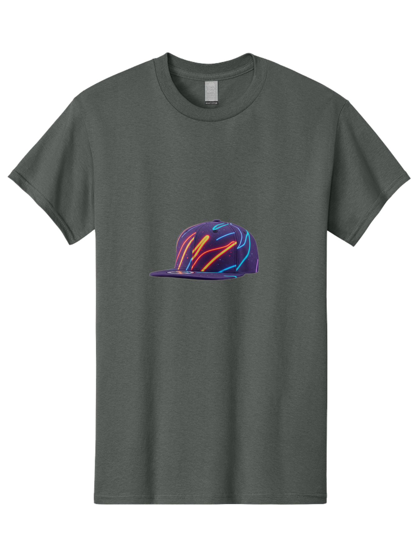 Neon-Baseball-Cap Men'S Graphic Tee, 100% Cotton, Comfortable Casual Summer Wear, Machine Washable, Baseball Cap, Neon Lights, Swirling Patterns, Vibrant Colors, Streetwear Fashion, Trendy Accessories, Glow-In-The-Dark, Neon Designs, Bad360