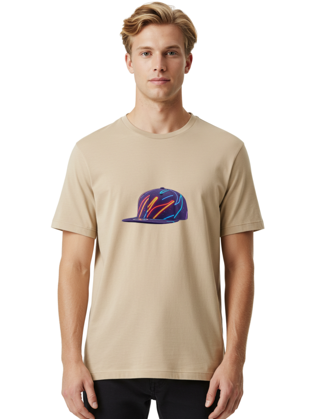 Neon-Baseball-Cap Men'S Graphic Tee, 100% Cotton, Comfortable Casual Summer Wear, Machine Washable, Baseball Cap, Neon Lights, Swirling Patterns, Vibrant Colors, Streetwear Fashion, Trendy Accessories, Glow-In-The-Dark, Neon Designs, Bad360