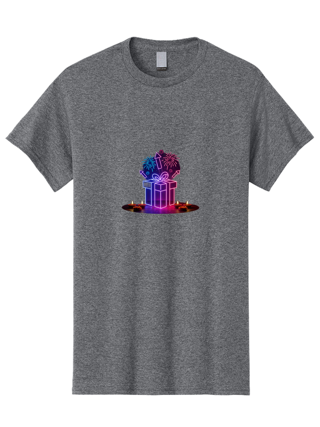 Neon-Gift-Box Men'S Graphic Tee, 100% Cotton, Comfortable Casual Summer Wear, Machine Washable, Neon Gift Box, Fireworks Explosion, Celebratory Theme, Purple And Pink Hues, Glowing Candles, Festive Atmosphere, Party Decoration, Bad361