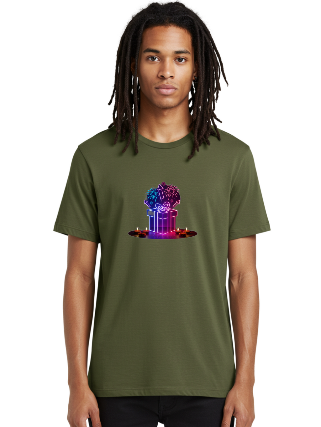 Neon-Gift-Box Men'S Graphic Tee, 100% Cotton, Comfortable Casual Summer Wear, Machine Washable, Neon Gift Box, Fireworks Explosion, Celebratory Theme, Purple And Pink Hues, Glowing Candles, Festive Atmosphere, Party Decoration, Bad361