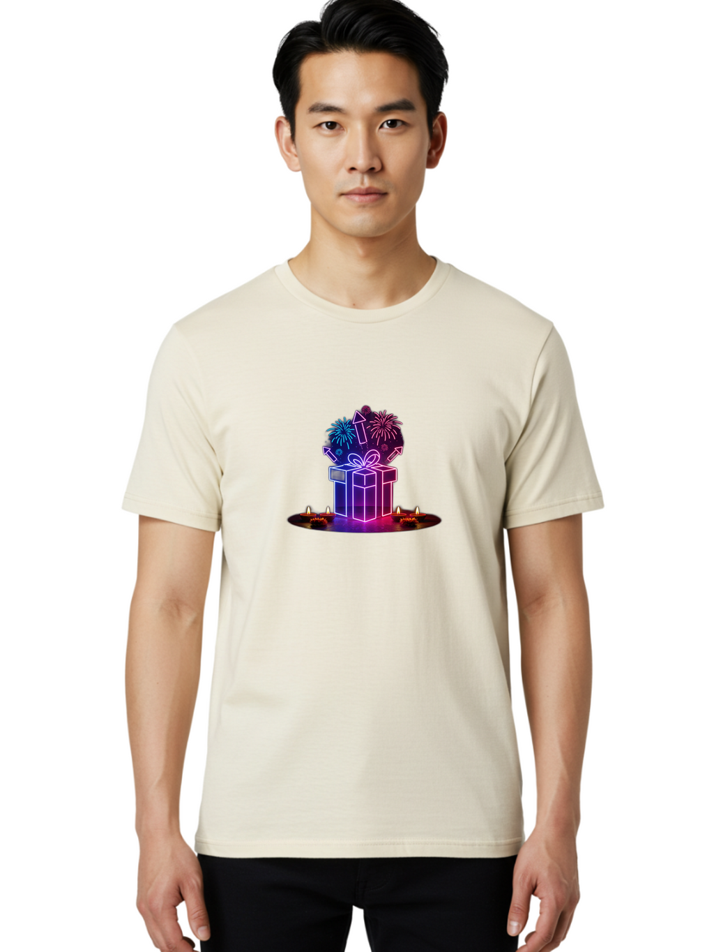 Neon-Gift-Box Men'S Graphic Tee, 100% Cotton, Comfortable Casual Summer Wear, Machine Washable, Neon Gift Box, Fireworks Explosion, Celebratory Theme, Purple And Pink Hues, Glowing Candles, Festive Atmosphere, Party Decoration, Bad361