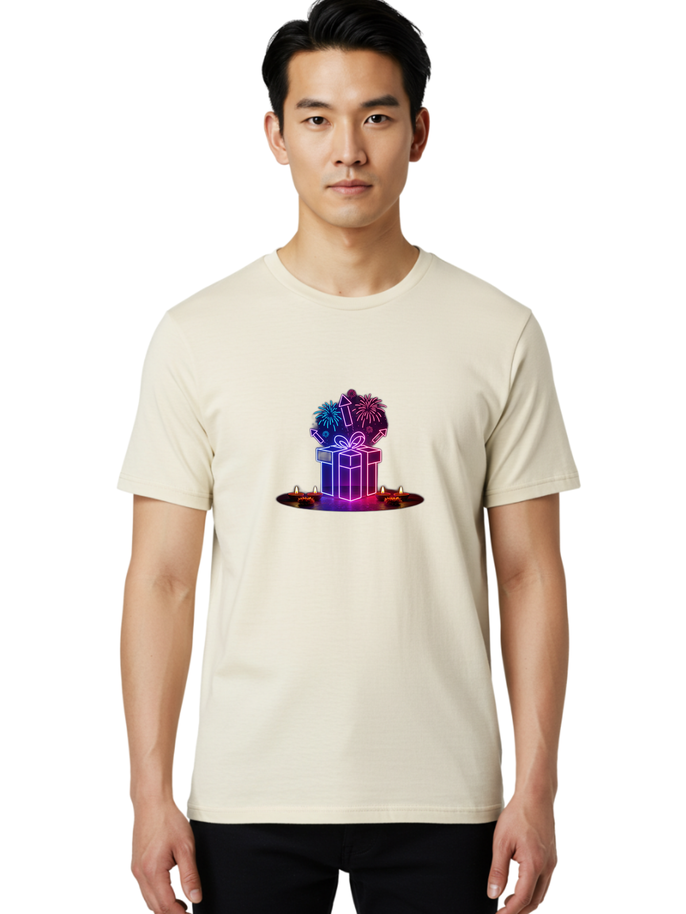 Neon-Gift-Box Men'S Graphic Tee, 100% Cotton, Comfortable Casual Summer Wear, Machine Washable, Neon Gift Box, Fireworks Explosion, Celebratory Theme, Purple And Pink Hues, Glowing Candles, Festive Atmosphere, Party Decoration, Bad361