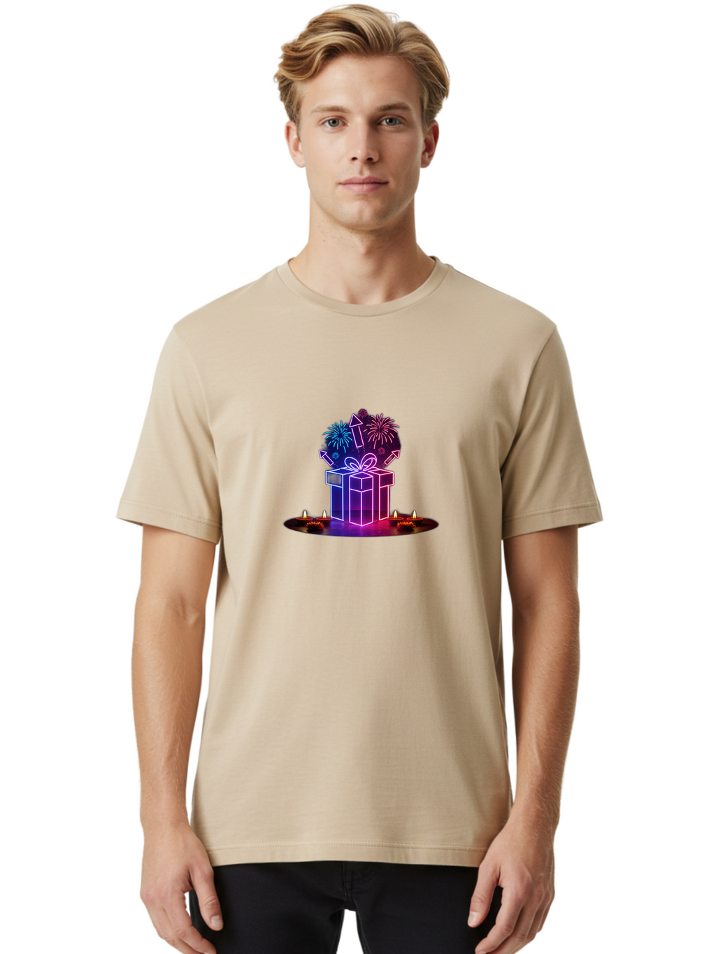 Neon-Gift-Box Men'S Graphic Tee, 100% Cotton, Comfortable Casual Summer Wear, Machine Washable, Neon Gift Box, Fireworks Explosion, Celebratory Theme, Purple And Pink Hues, Glowing Candles, Festive Atmosphere, Party Decoration, Bad361