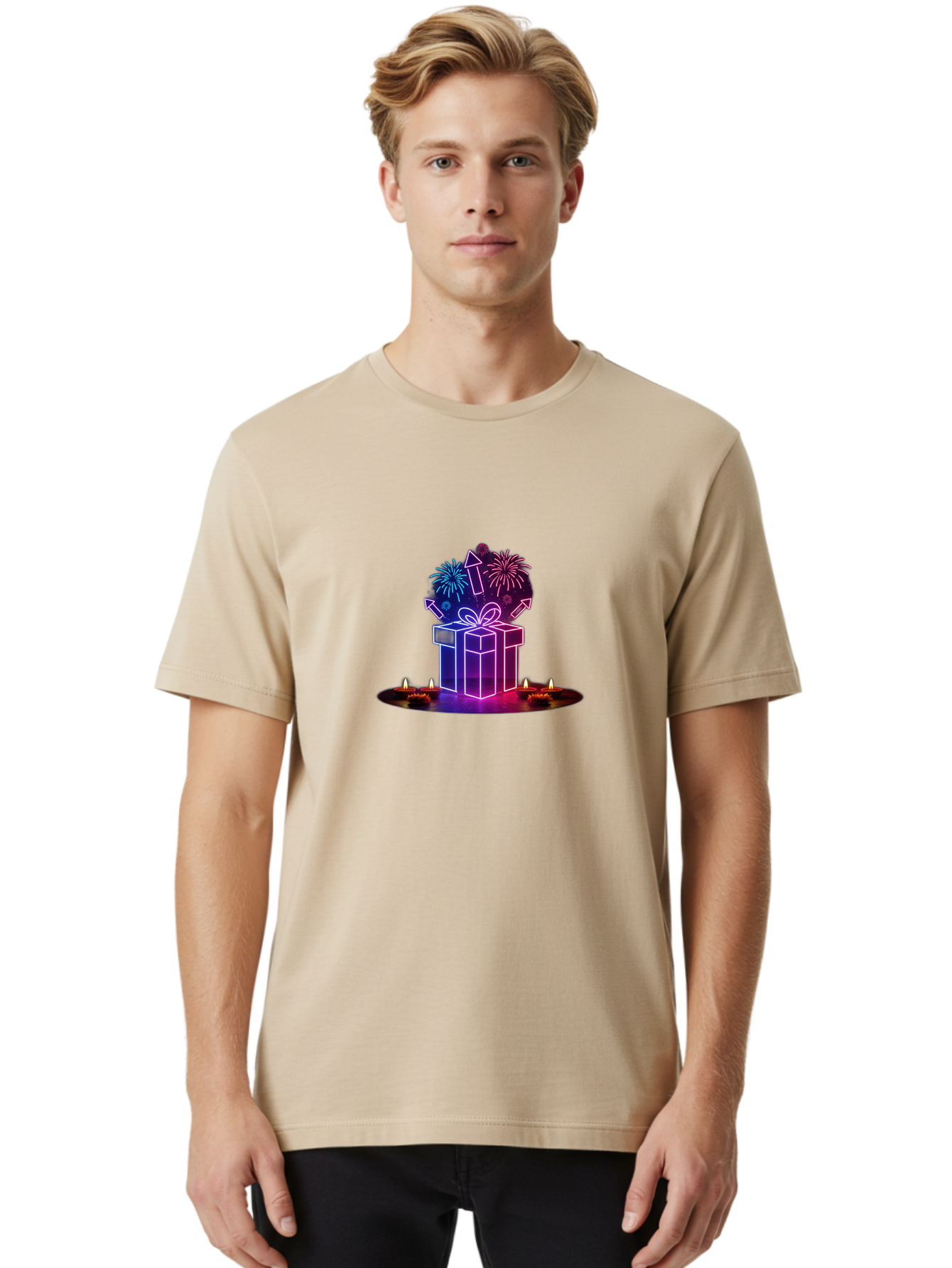 Neon-Gift-Box Men'S Graphic Tee, 100% Cotton, Comfortable Casual Summer Wear, Machine Washable, Neon Gift Box, Fireworks Explosion, Celebratory Theme, Purple And Pink Hues, Glowing Candles, Festive Atmosphere, Party Decoration, Bad361