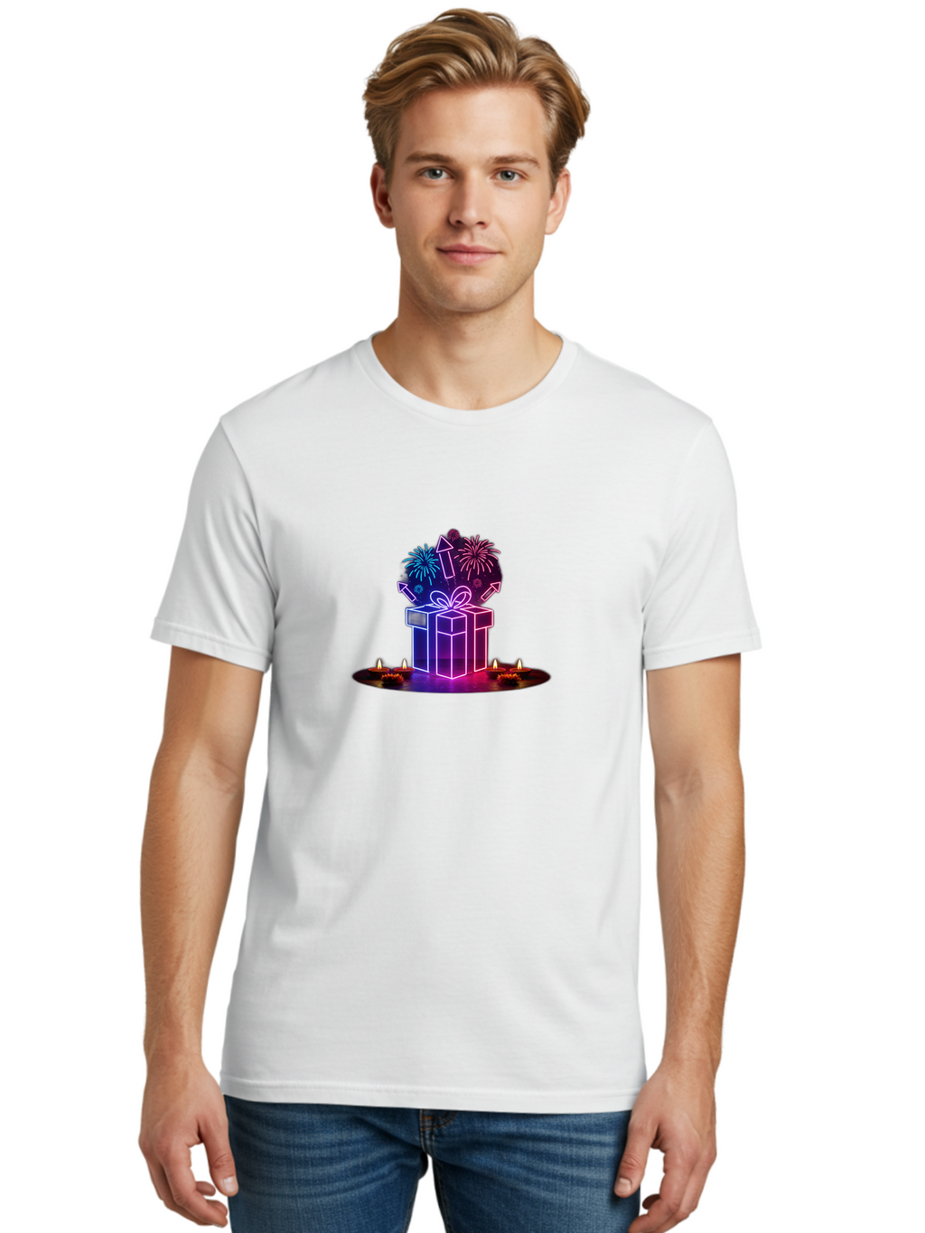 Neon-Gift-Box Men'S Graphic Tee, 100% Cotton, Comfortable Casual Summer Wear, Machine Washable, Neon Gift Box, Fireworks Explosion, Celebratory Theme, Purple And Pink Hues, Glowing Candles, Festive Atmosphere, Party Decoration, Bad361