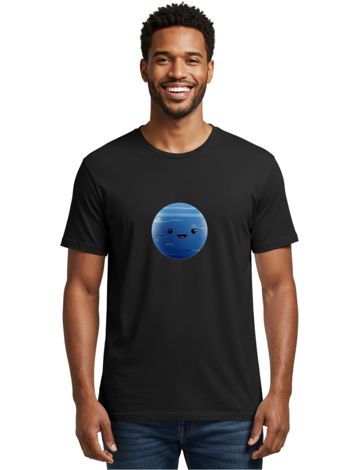 Neptune Men'S Graphic Tee, 100% Cotton, Comfortable Casual Summer Wear, Machine Washable, Cartoon Neptune, Smiling Planet, Blue Planet, Gas Giant, Solar System, Cartoon Character, Astronomy, Space Bad362