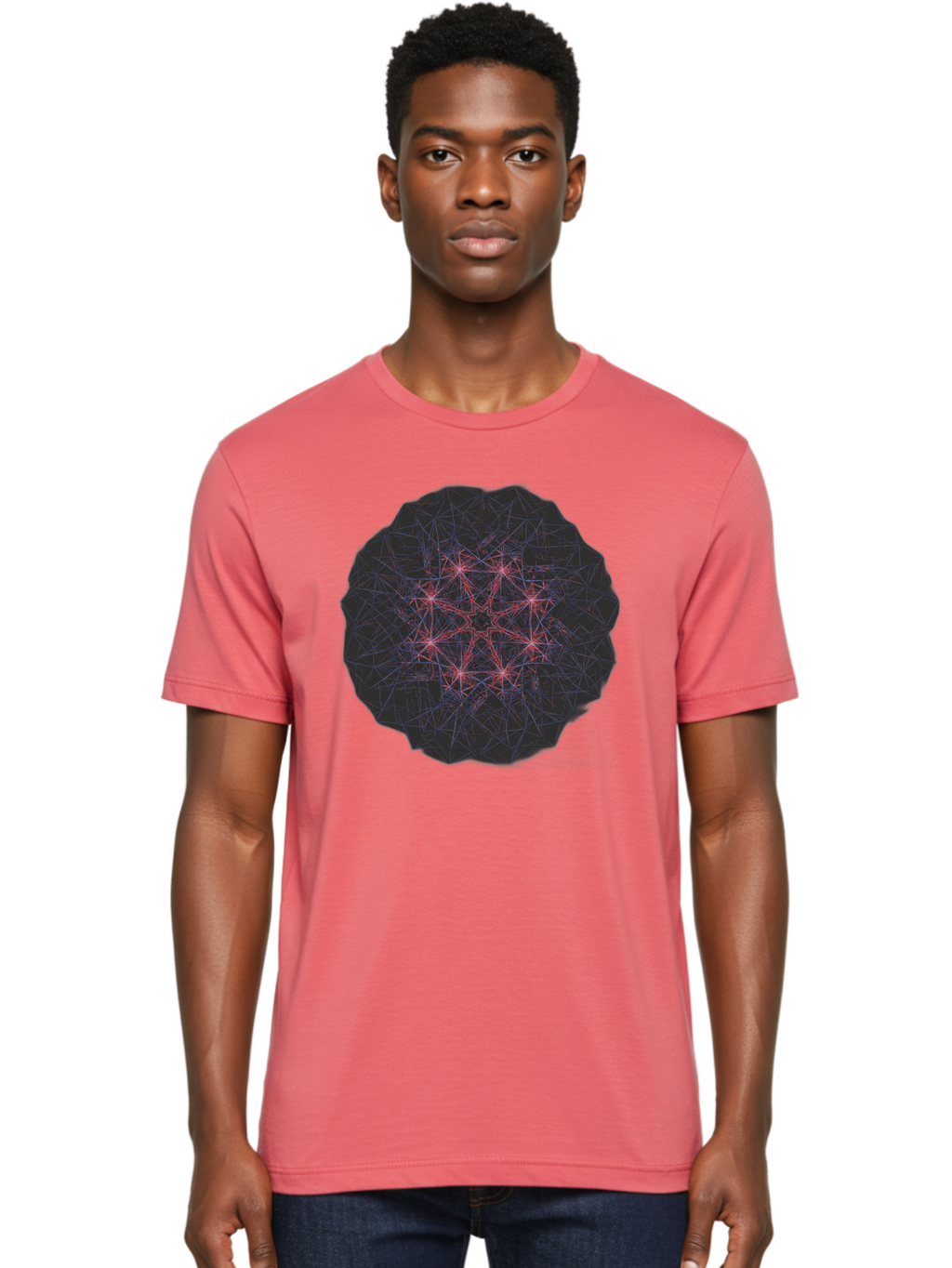 Network-Cluster Men'S Graphic Tee, 100% Cotton, Comfortable Casual Summer Wear, Machine Washable, Complex Network, Interconnected Nodes, Red And Blue Lines, Futuristic Design, Abstract Pattern, Web-Like Structure, Technological Innovation, Bad363