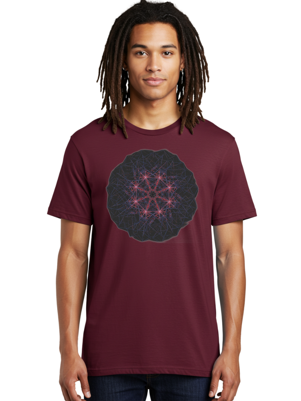 Network-Cluster Men'S Graphic Tee, 100% Cotton, Comfortable Casual Summer Wear, Machine Washable, Complex Network, Interconnected Nodes, Red And Blue Lines, Futuristic Design, Abstract Pattern, Web-Like Structure, Technological Innovation, Bad363