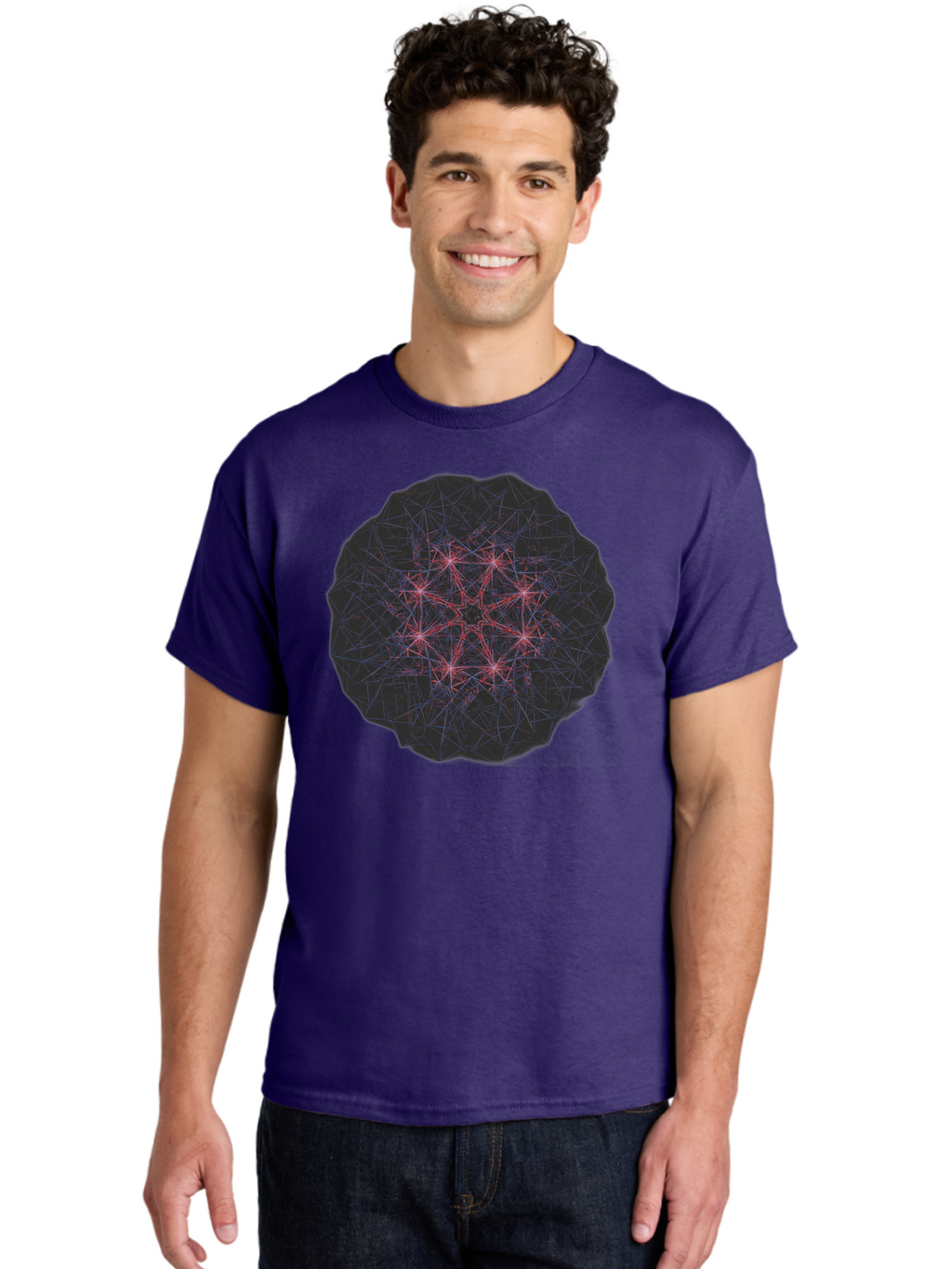 Network-Cluster Men'S Graphic Tee, 100% Cotton, Comfortable Casual Summer Wear, Machine Washable, Complex Network, Interconnected Nodes, Red And Blue Lines, Futuristic Design, Abstract Pattern, Web-Like Structure, Technological Innovation, Bad363
