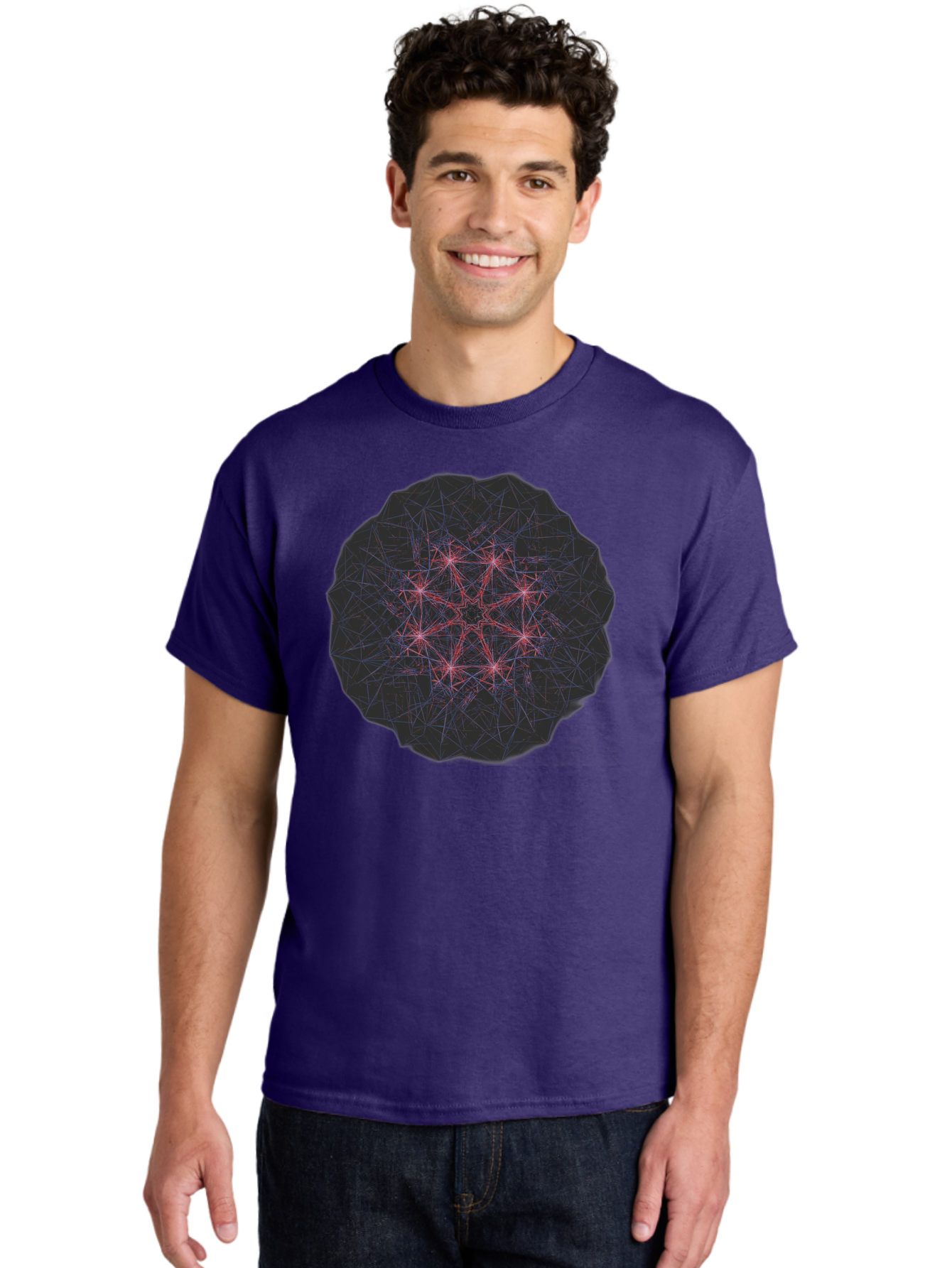 Network-Cluster Men'S Graphic Tee, 100% Cotton, Comfortable Casual Summer Wear, Machine Washable, Complex Network, Interconnected Nodes, Red And Blue Lines, Futuristic Design, Abstract Pattern, Web-Like Structure, Technological Innovation, Bad363