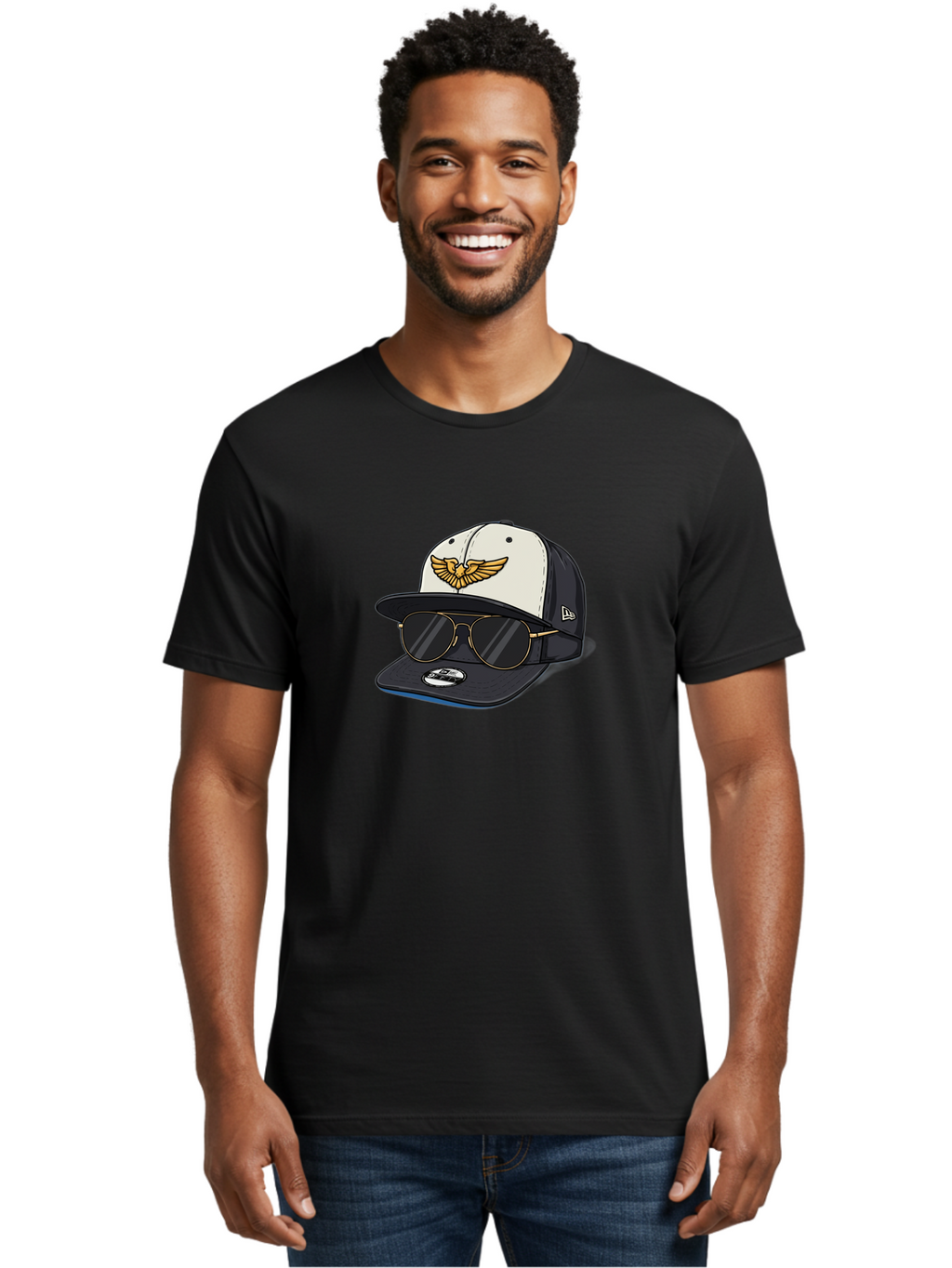 New-Era-Baseball-Cap-1 Men'S Graphic Tee, 100% Cotton, Comfortable Casual Summer Wear, Machine Washable, Baseball Cap, New Era Logo, Gold Eagle Emblem, Sunglasses, Gold Aviators, Stylish Accessories, Fashion Hat, Casual Wear, Streetwear, Bad364