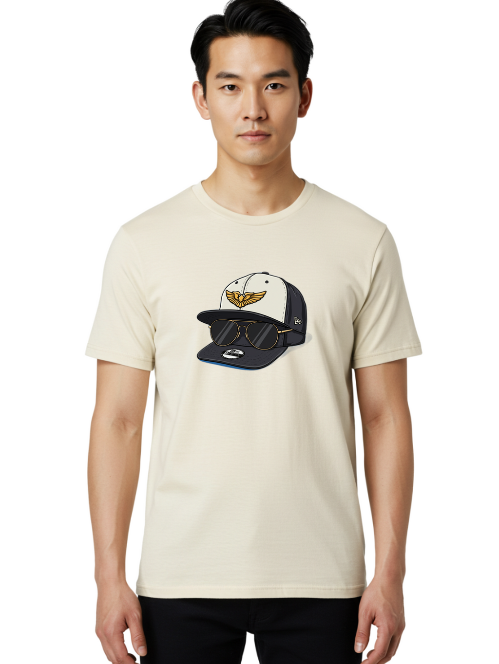 New-Era-Baseball-Cap-1 Men'S Graphic Tee, 100% Cotton, Comfortable Casual Summer Wear, Machine Washable, Baseball Cap, New Era Logo, Gold Eagle Emblem, Sunglasses, Gold Aviators, Stylish Accessories, Fashion Hat, Casual Wear, Streetwear, Bad364