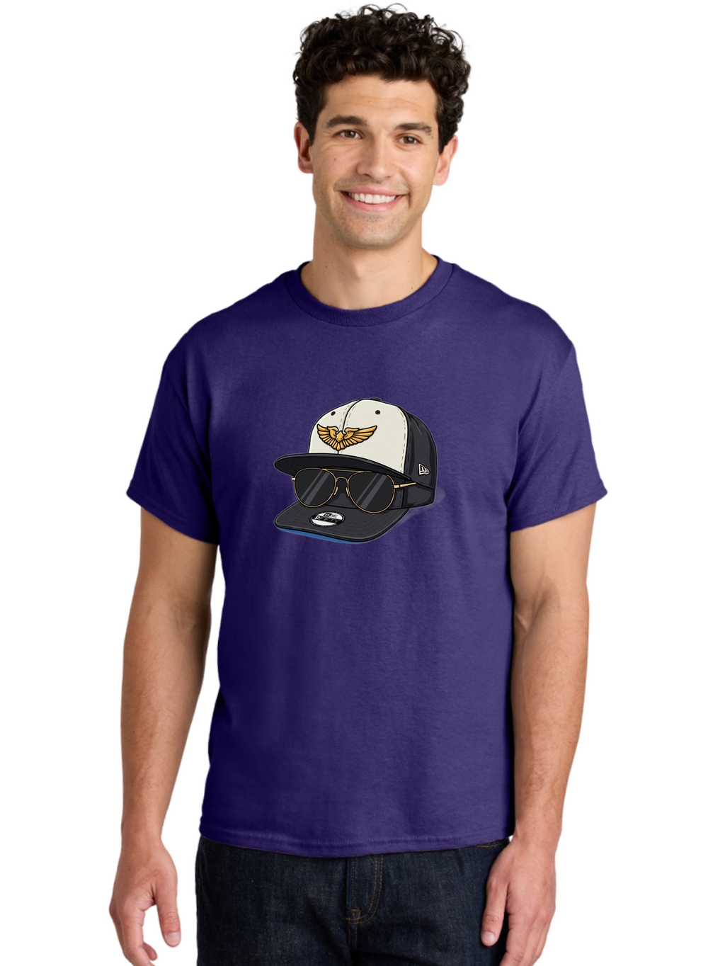 New-Era-Baseball-Cap-1 Men'S Graphic Tee, 100% Cotton, Comfortable Casual Summer Wear, Machine Washable, Baseball Cap, New Era Logo, Gold Eagle Emblem, Sunglasses, Gold Aviators, Stylish Accessories, Fashion Hat, Casual Wear, Streetwear, Bad364