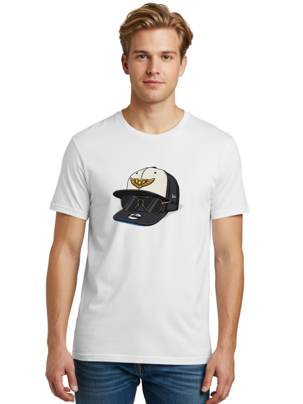 New-Era-Baseball-Cap-1 Men'S Graphic Tee, 100% Cotton, Comfortable Casual Summer Wear, Machine Washable, Baseball Cap, New Era Logo, Gold Eagle Emblem, Sunglasses, Gold Aviators, Stylish Accessories, Fashion Hat, Casual Wear, Streetwear, Bad364