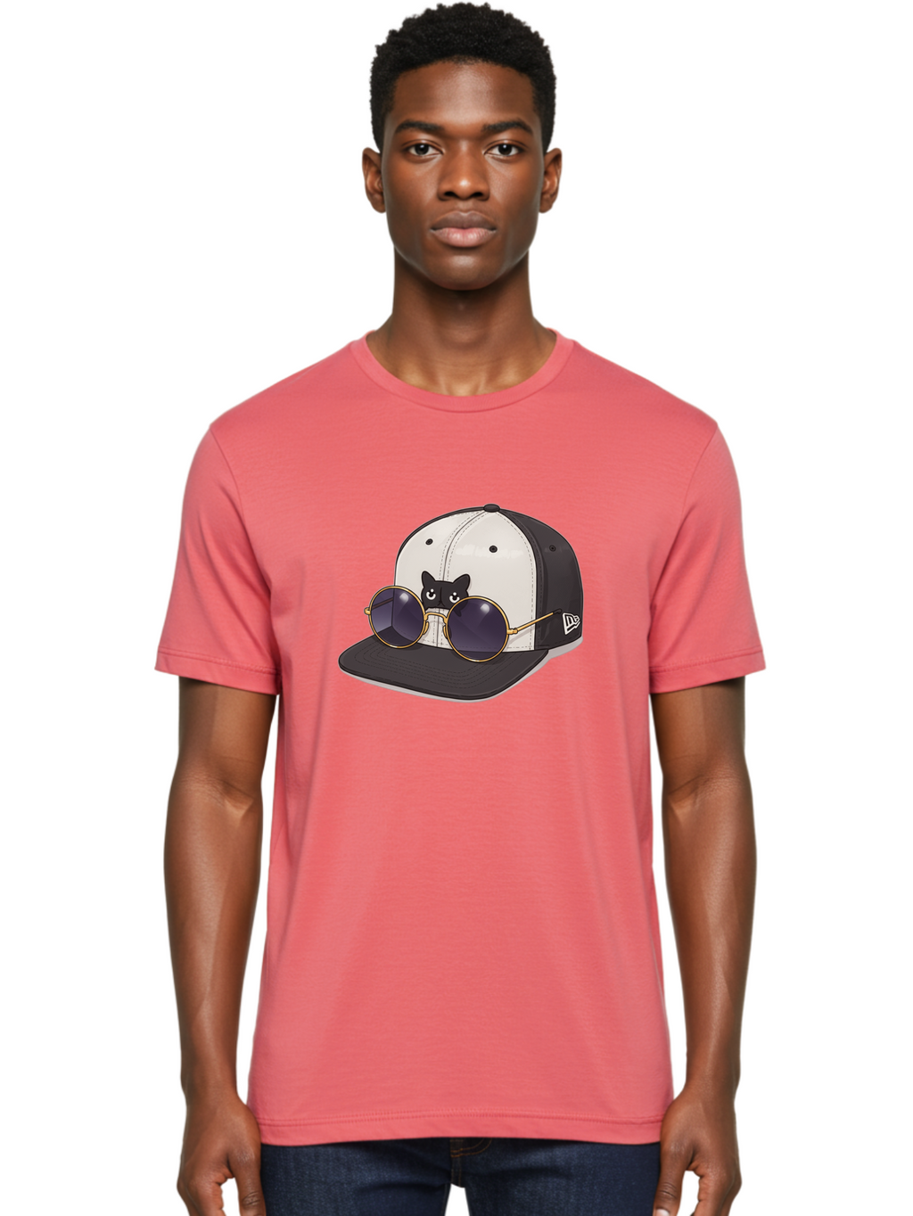 New-Era-Baseball-Cap Men'S Graphic Tee, 100% Cotton, Comfortable Casual Summer Wear, Machine Washable, Black And White Baseball Cap, New Era Logo, Cool Cat Design, Gold Aviator Sunglasses, Trendy Fashion Accessory, Stylish Hat, Bad365