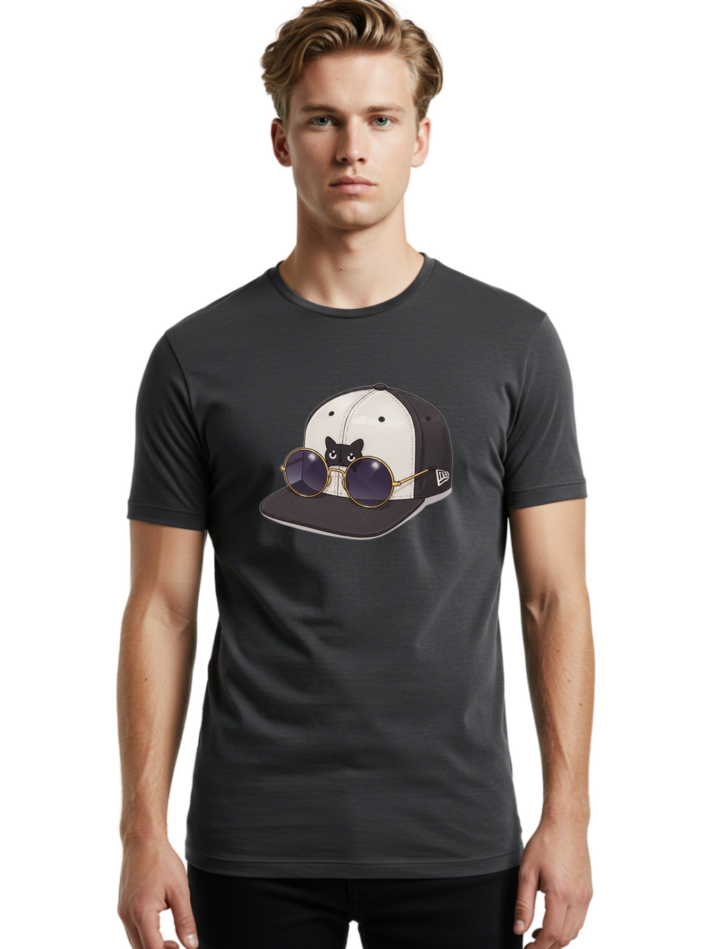 New-Era-Baseball-Cap Men'S Graphic Tee, 100% Cotton, Comfortable Casual Summer Wear, Machine Washable, Black And White Baseball Cap, New Era Logo, Cool Cat Design, Gold Aviator Sunglasses, Trendy Fashion Accessory, Stylish Hat, Bad365