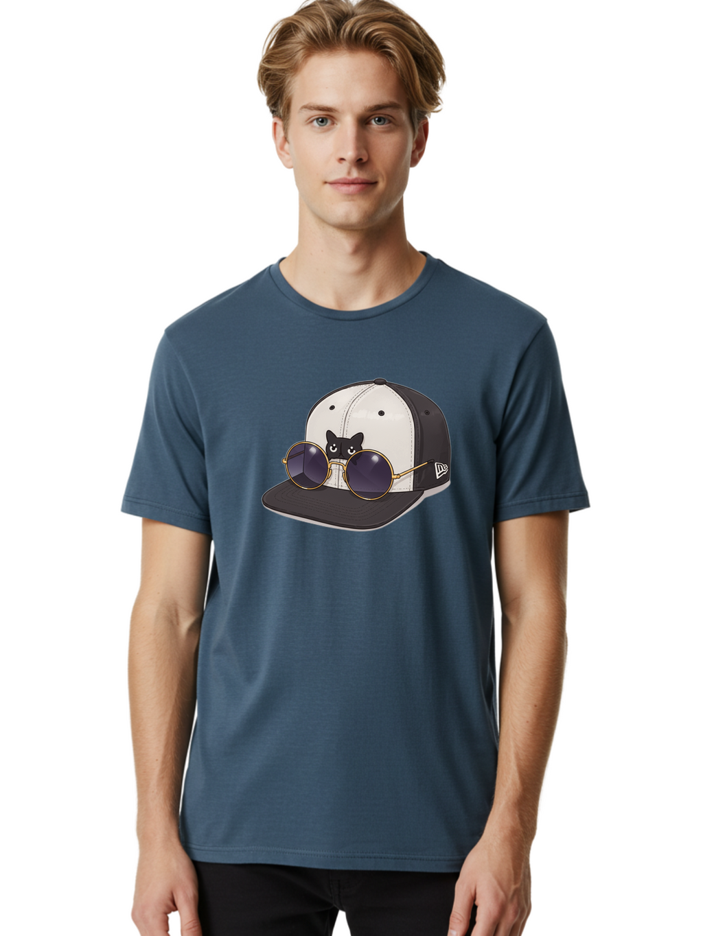 New-Era-Baseball-Cap Men'S Graphic Tee, 100% Cotton, Comfortable Casual Summer Wear, Machine Washable, Black And White Baseball Cap, New Era Logo, Cool Cat Design, Gold Aviator Sunglasses, Trendy Fashion Accessory, Stylish Hat, Bad365
