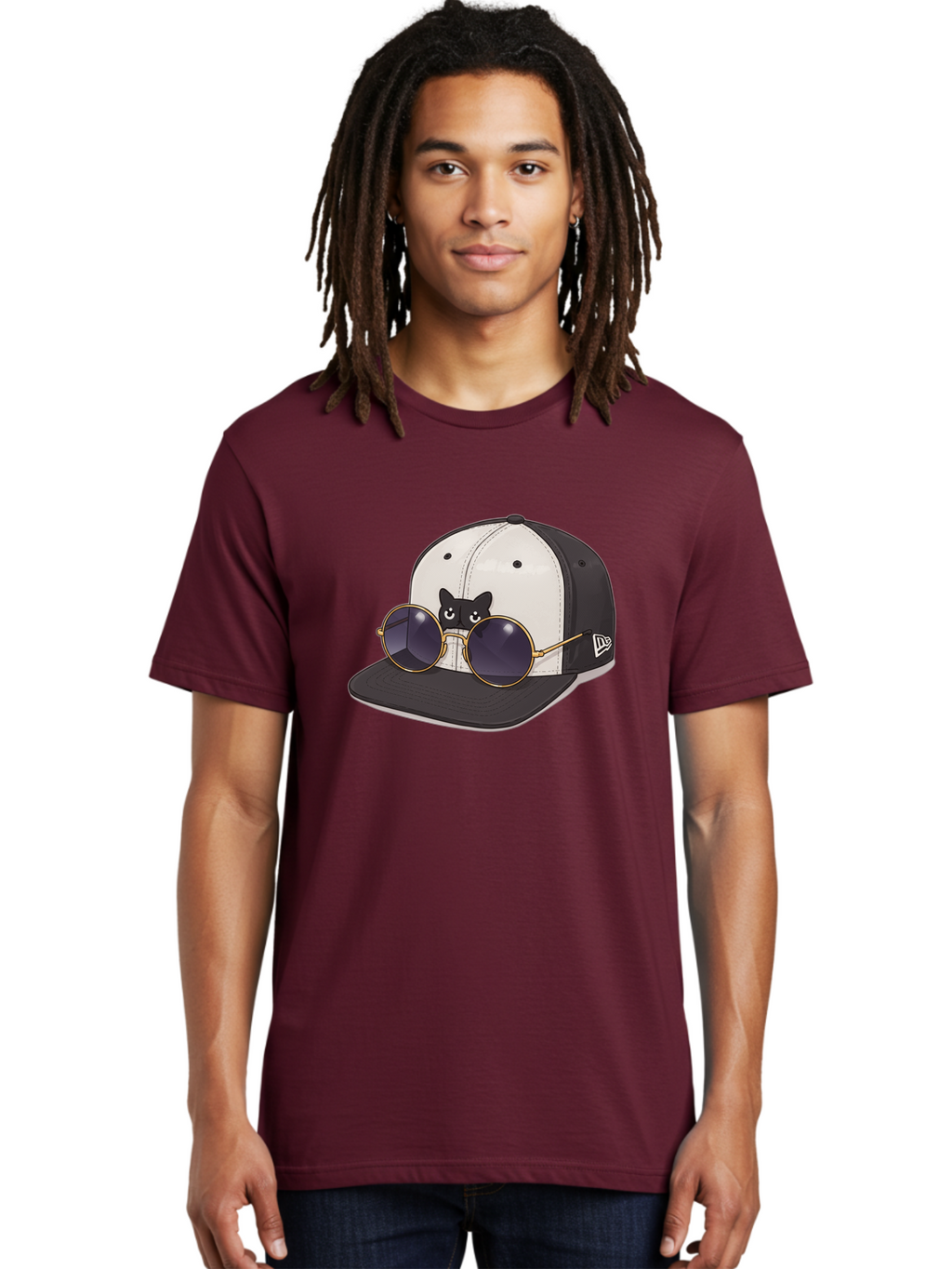 New-Era-Baseball-Cap Men'S Graphic Tee, 100% Cotton, Comfortable Casual Summer Wear, Machine Washable, Black And White Baseball Cap, New Era Logo, Cool Cat Design, Gold Aviator Sunglasses, Trendy Fashion Accessory, Stylish Hat, Bad365