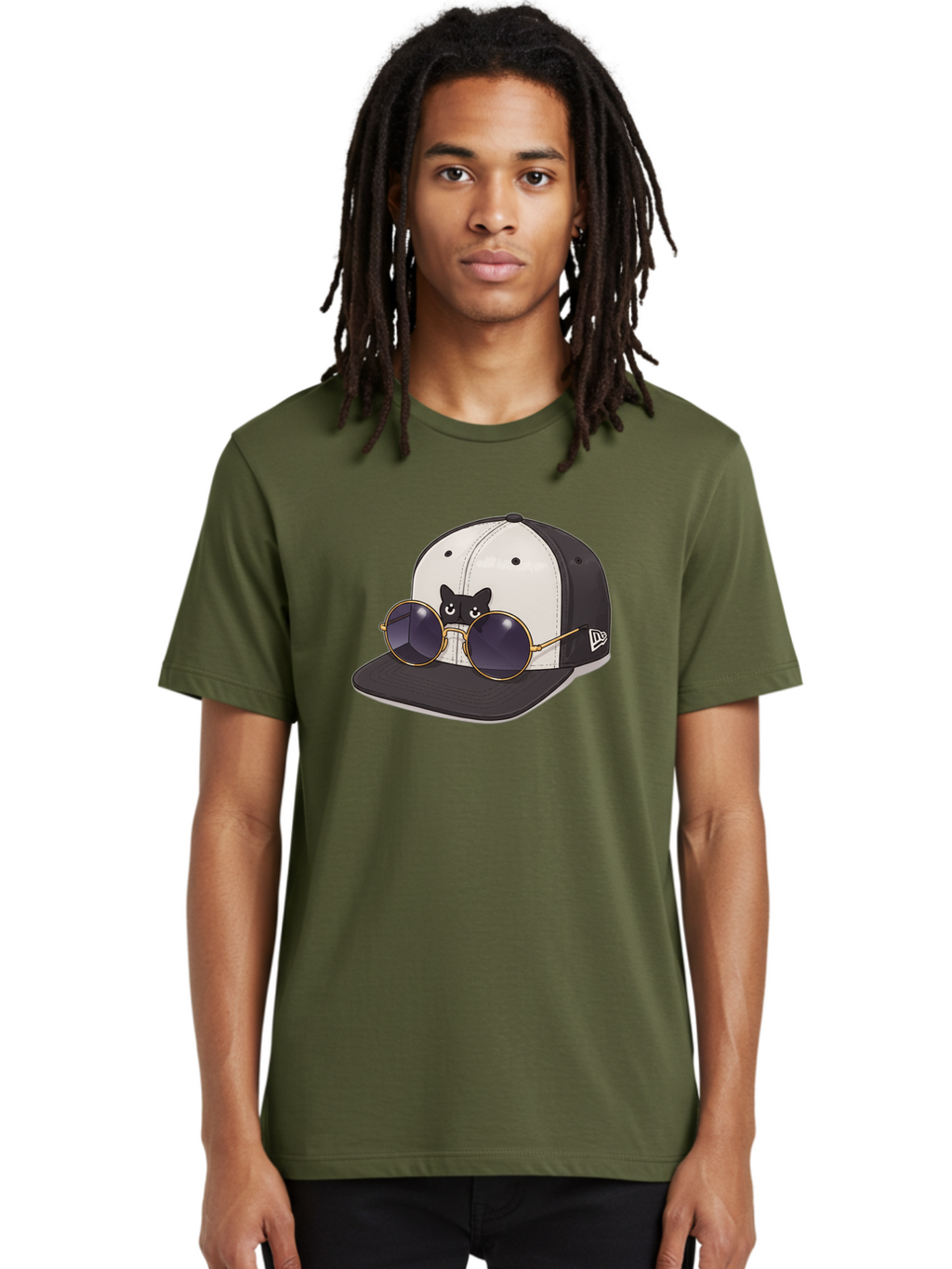 New-Era-Baseball-Cap Men'S Graphic Tee, 100% Cotton, Comfortable Casual Summer Wear, Machine Washable, Black And White Baseball Cap, New Era Logo, Cool Cat Design, Gold Aviator Sunglasses, Trendy Fashion Accessory, Stylish Hat, Bad365
