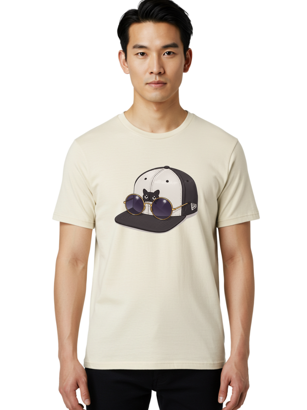 New-Era-Baseball-Cap Men'S Graphic Tee, 100% Cotton, Comfortable Casual Summer Wear, Machine Washable, Black And White Baseball Cap, New Era Logo, Cool Cat Design, Gold Aviator Sunglasses, Trendy Fashion Accessory, Stylish Hat, Bad365