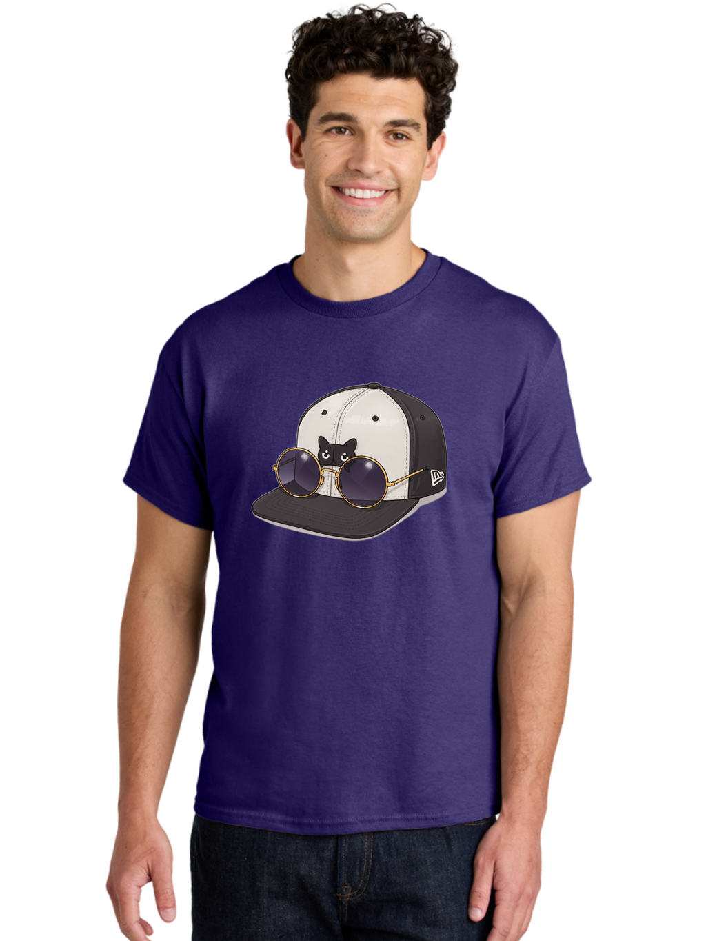 New-Era-Baseball-Cap Men'S Graphic Tee, 100% Cotton, Comfortable Casual Summer Wear, Machine Washable, Black And White Baseball Cap, New Era Logo, Cool Cat Design, Gold Aviator Sunglasses, Trendy Fashion Accessory, Stylish Hat, Bad365