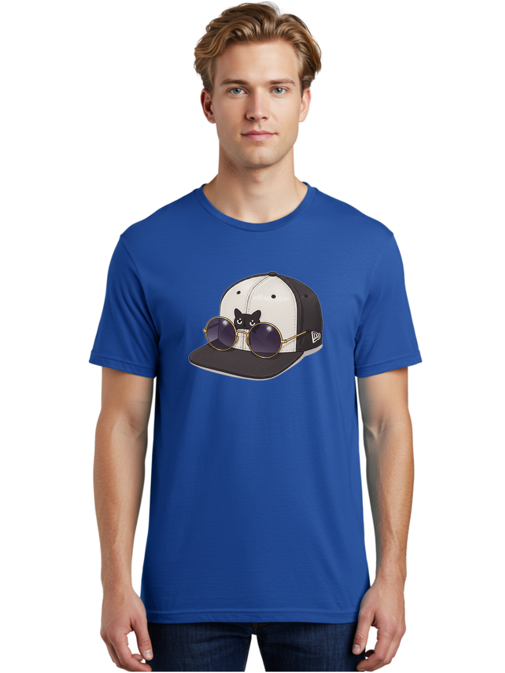 New-Era-Baseball-Cap Men'S Graphic Tee, 100% Cotton, Comfortable Casual Summer Wear, Machine Washable, Black And White Baseball Cap, New Era Logo, Cool Cat Design, Gold Aviator Sunglasses, Trendy Fashion Accessory, Stylish Hat, Bad365