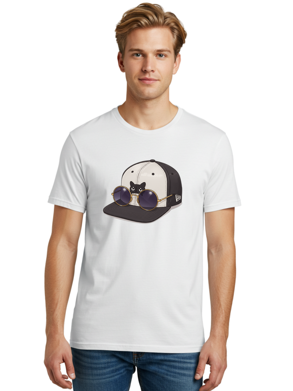 New-Era-Baseball-Cap Men'S Graphic Tee, 100% Cotton, Comfortable Casual Summer Wear, Machine Washable, Black And White Baseball Cap, New Era Logo, Cool Cat Design, Gold Aviator Sunglasses, Trendy Fashion Accessory, Stylish Hat, Bad365