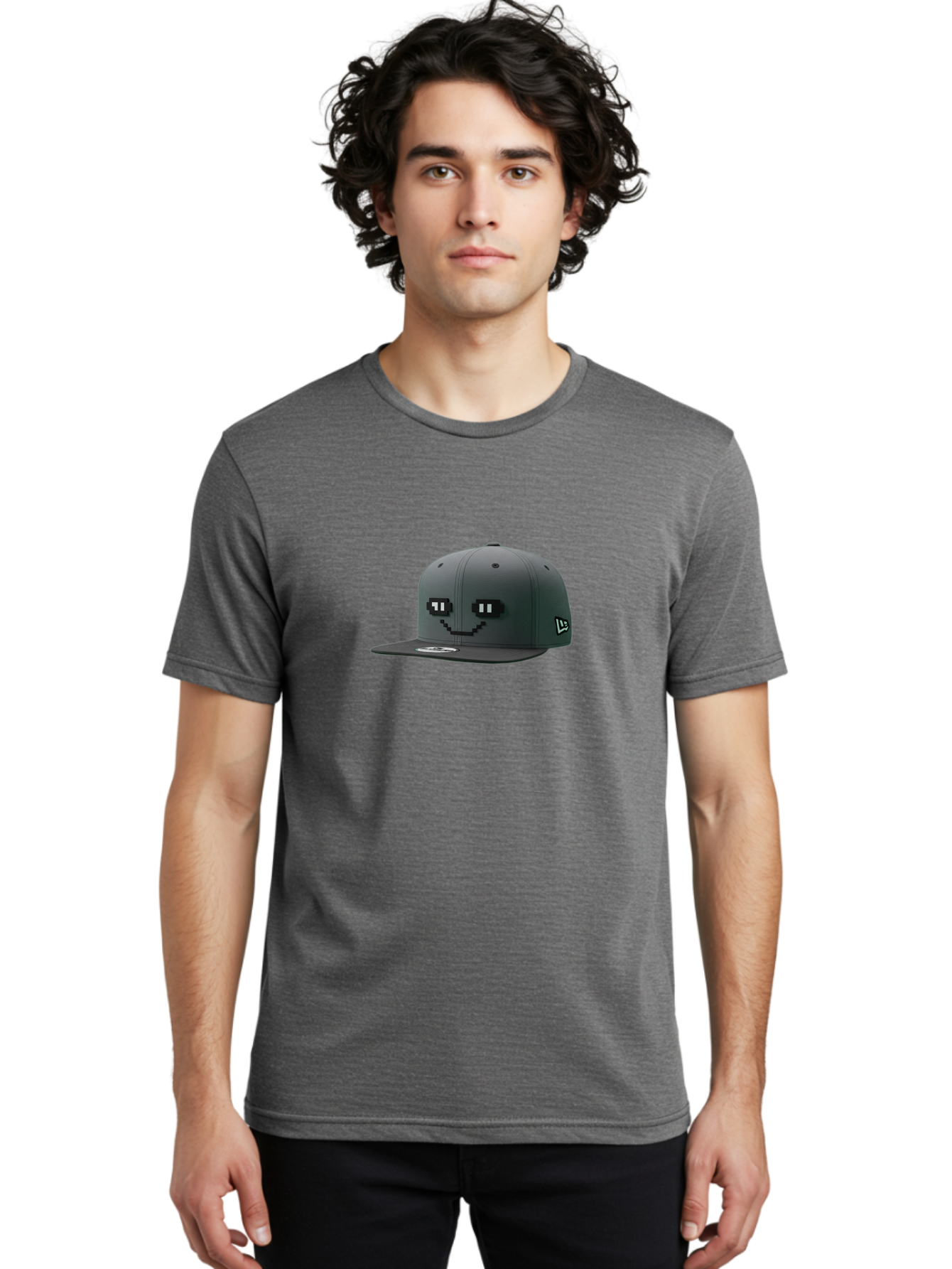 New-Era-Cap-1 Men'S Graphic Tee, 100% Cotton, Comfortable Casual Summer Wear, Machine Washable, Black Snapback Hat, Pac-Man Design, Pixel Art, Gaming Accessory, Streetwear Fashion, Trendy Apparel, Casual Wear, Black Cap Bad366