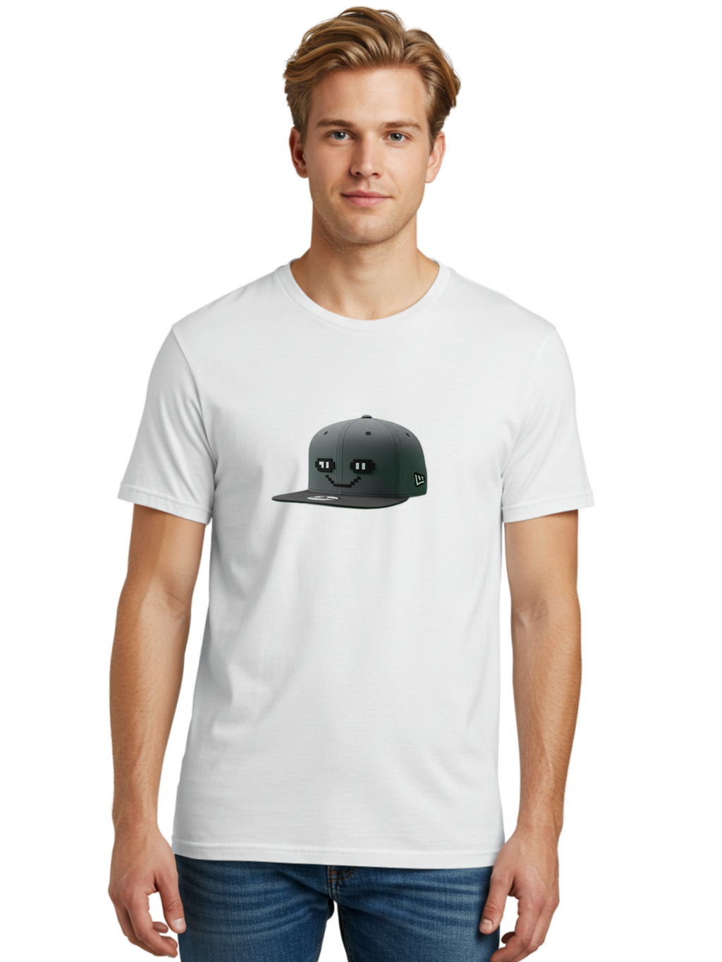 New-Era-Cap-1 Men'S Graphic Tee, 100% Cotton, Comfortable Casual Summer Wear, Machine Washable, Black Snapback Hat, Pac-Man Design, Pixel Art, Gaming Accessory, Streetwear Fashion, Trendy Apparel, Casual Wear, Black Cap Bad366