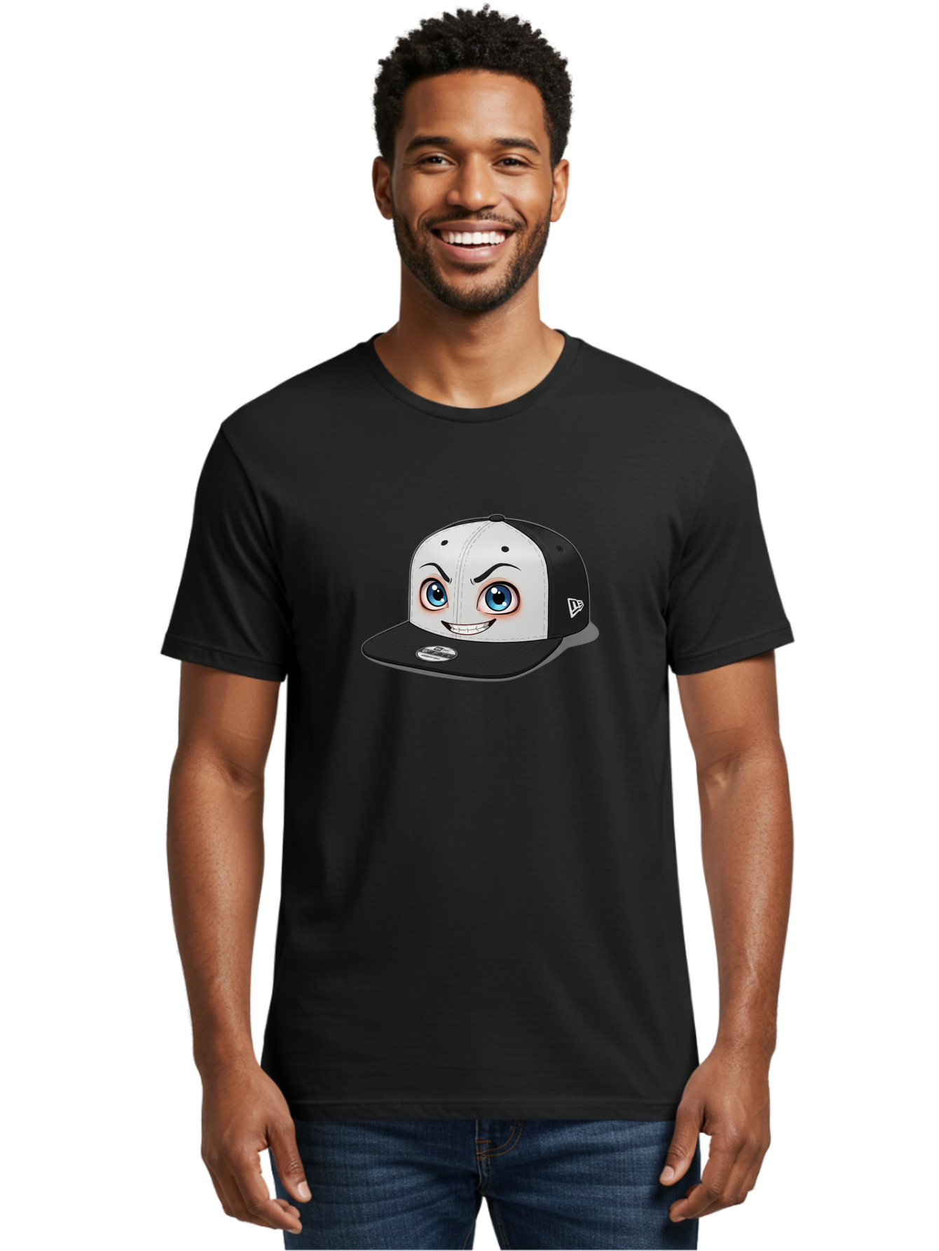 New-Era-Cap-2 Men'S Graphic Tee, 100% Cotton, Comfortable Casual Summer Wear, Machine Washable, Black And White Baseball Cap, Cartoon-Style Face On Front, Blue Eyes, Eyebrows, Smile, New Era Logo On Side, Trendy Accessories, Bad367