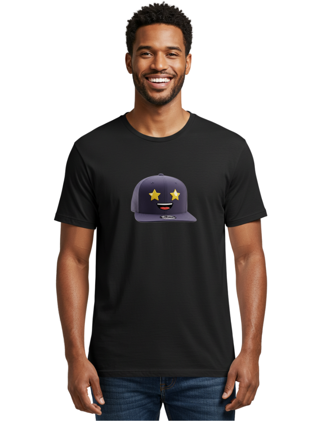 New-Era-Cap Men'S Graphic Tee, 100% Cotton, Comfortable Casual Summer Wear, Machine Washable, Baseball Cap, Emoji Face, Star Eyes, Smiling Mouth, Streetwear Fashion, Casual Style, Sports Headwear, Logo Sticker Bad368