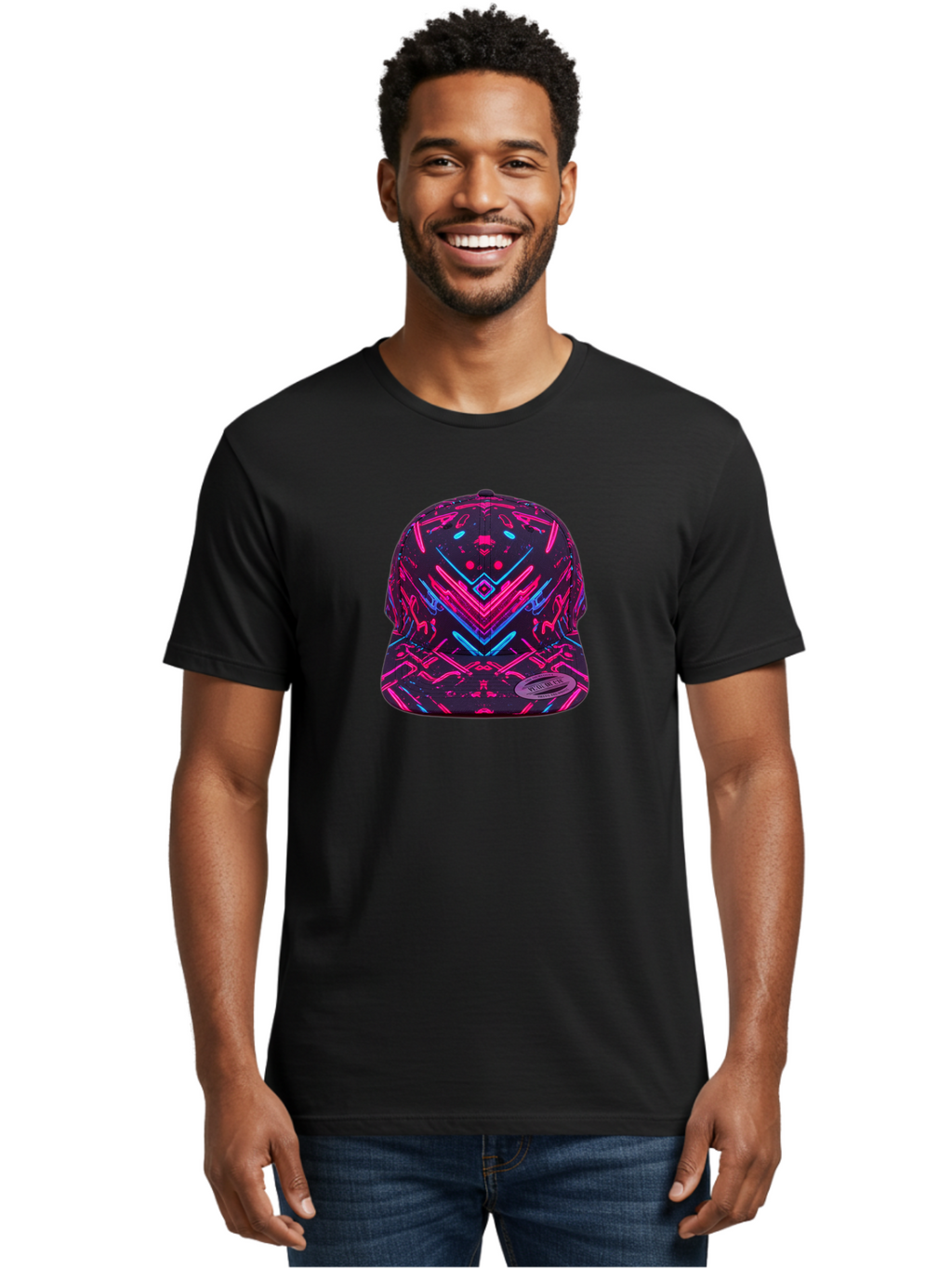 New-Era-Neon-Baseball-Cap Men'S Graphic Tee, 100% Cotton, Comfortable Casual Summer Wear, Machine Washable, Neon Pink And Blue Circuit Pattern, Futuristic Hat, Neon-Lit Design, Trendy Headwear, Streetwear Fashion, Bold Graphics Bad369